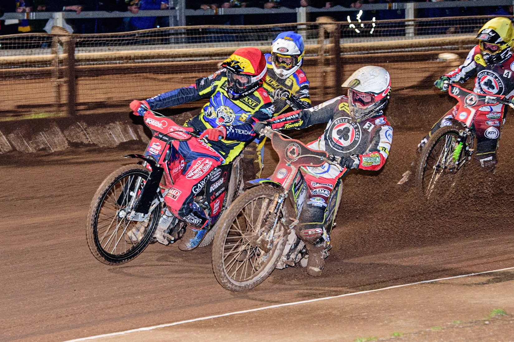 Jaimon Lidsey  (White) inside Tobiasz Musielak  (Red) with Lewis Kerr  (Blue) and Charles Wright  (Yellow) behind during the Sheffield Tigers vs Belle Vue Aces meeting in the SGP Premiership at Owlerton Stadium, Sheffield on Thursday 23rd March 2023. (Photo: Ian Charles | MI News)