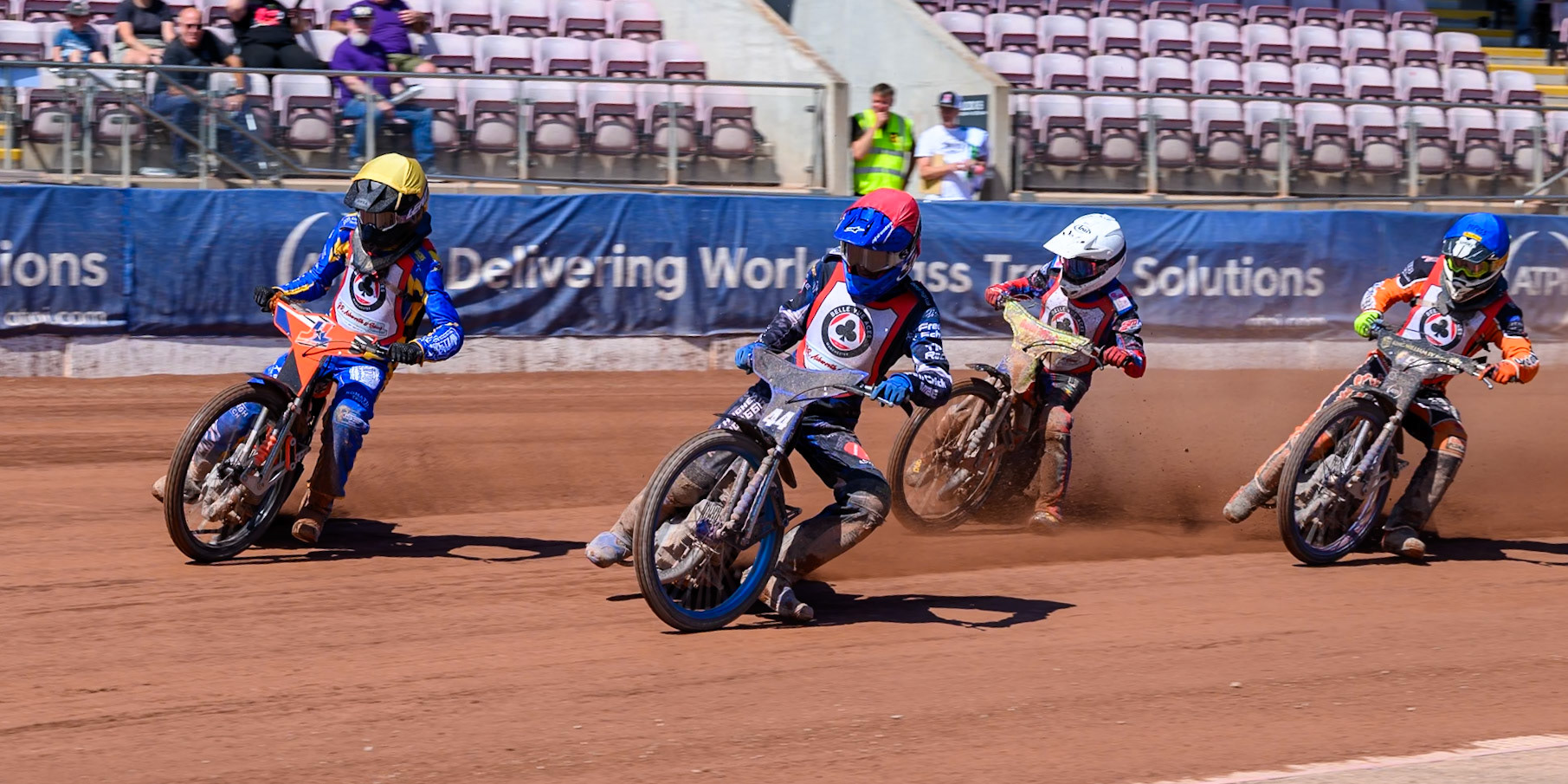 COLTS ACADEMY INDIVIDUAL EVENT Jordy Loftus in Yellow leading Charlie Southwick in Red, Harry Fletcher in White  and Mark Parker in Blue  during the JR Ashworth &amp; Sons Colts Academy Event at the National Speedway Stadium, Manchester on Sunday 19th July 2026. (Photo: Ian Charles | MI News)