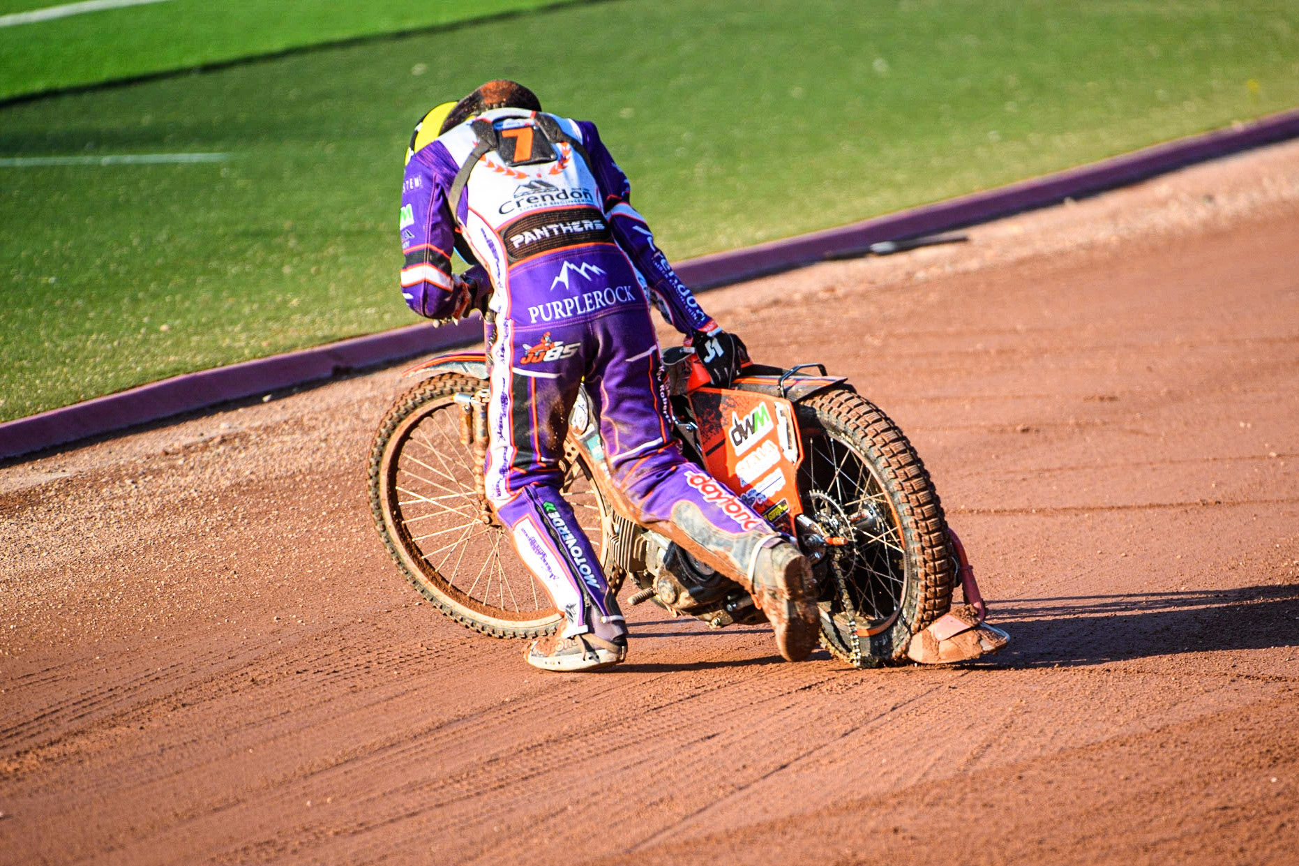 Jordan Jenkins pulls his bike from the track after shedding his chain and jamming the back wheel during the Sports Insure Premiership match between Belle Vue Aces and Peterborough at the National Speedway Stadium, Manchester on Monday 19th June 2023. (Photo: Ian Charles | MI News)