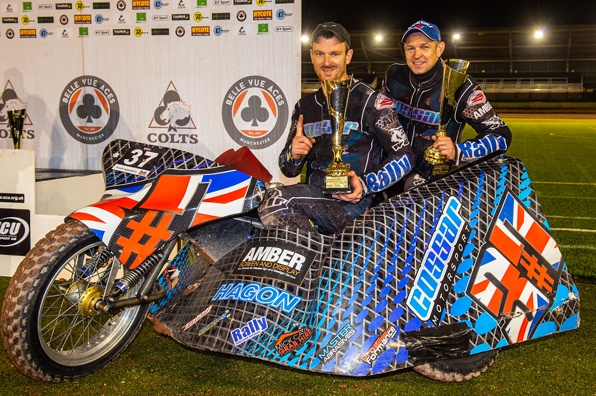 MANCHESTER, ENGLAND Winners Mark Cossar & Carl Pugh during the  ACU Sidecar Speedway Manchester Masters,  Belle Vue National Speedway Stadium, Manchester Saturday 12 October 2019 (Credit: Ian Charles | MI News)