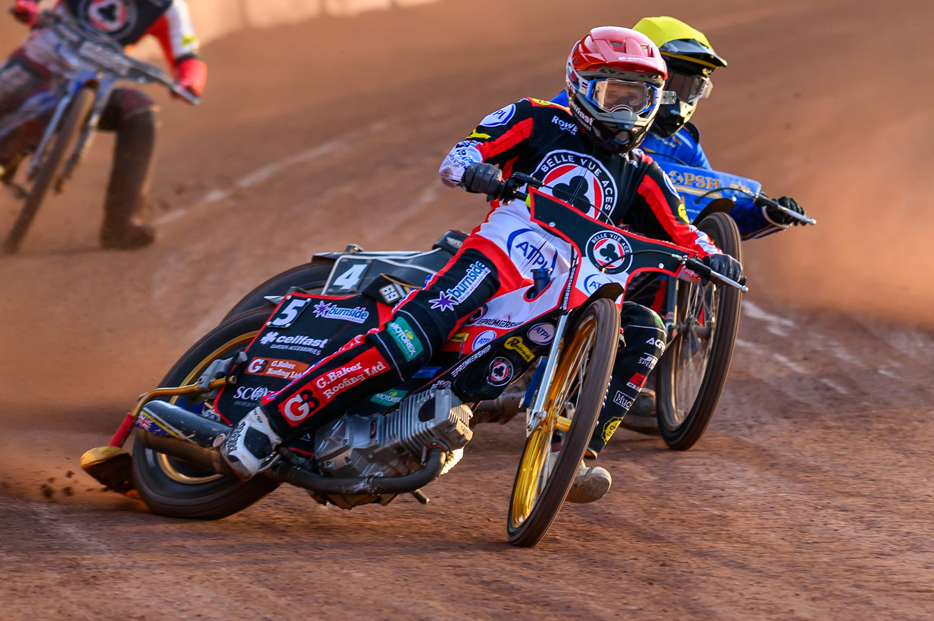 Jason Doyle of Belle Vue Aces in Red leading Ben Cook of Kings Lynn Stars in Yellow during the Rowe Motor Oil Premiership match between Belle Vue Aces and King's Lynn Stars at the National Speedway Stadium, Manchester on Monday 10th August 2026. (Photo: Ian Charles | MI News)
