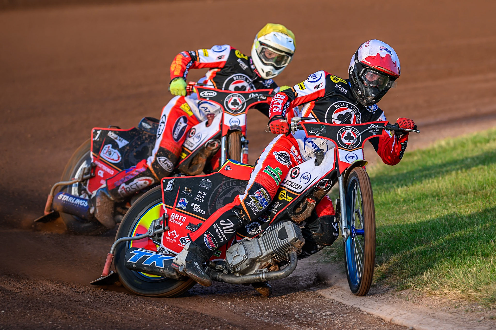 Belle Vue Aces' Tate Zischke in White leading team mate  Jake Mulford during the Rowe Motor Oil Premiership match between Birmingham Brummies and Belle Vue Aces at Perry Bar Stadium, Birmingham on Monday 2nd June 2025. (Photo: Ian Charles | MI News)