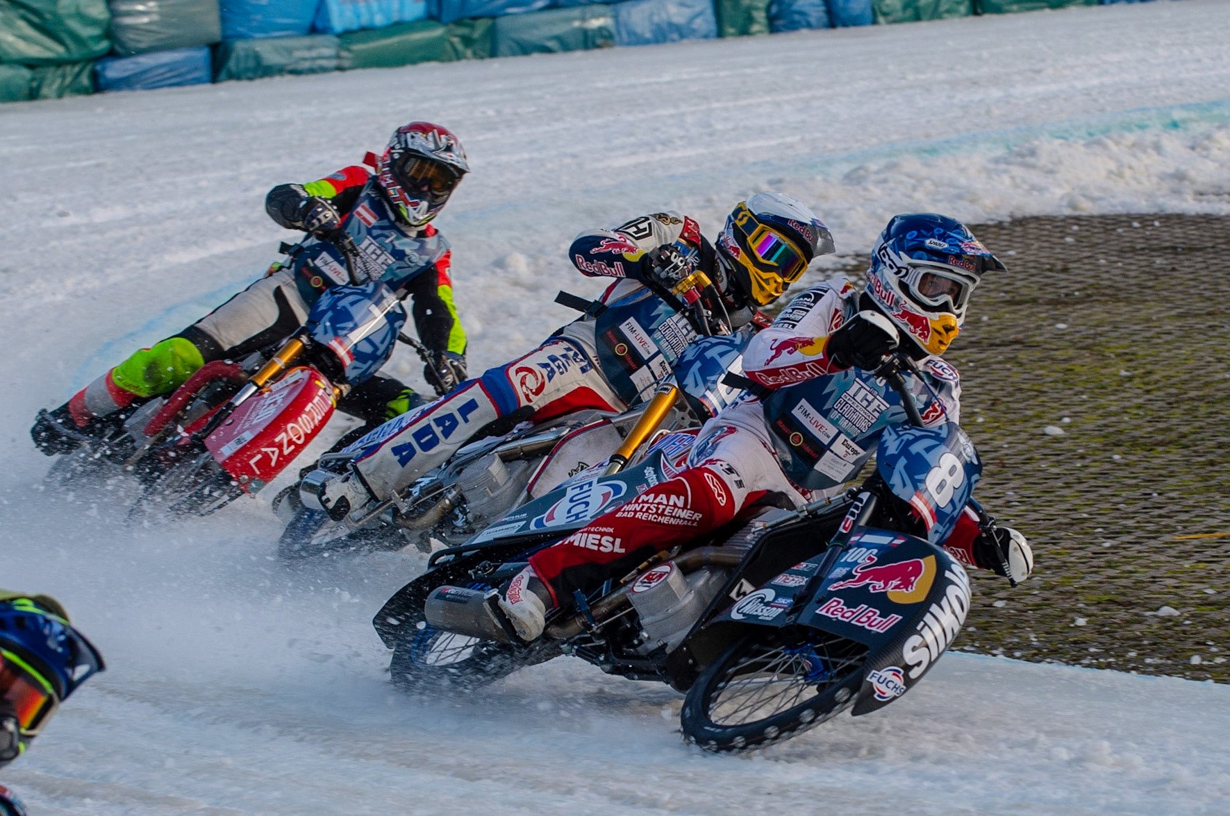 BERLIN GERMANY  - March 1  Franky Zorn (Blue) leads Daniil Ivanov (White) and Harald Simon (Red)  during the Ice Speedway of Nations at the Horst-Dohm-Eisstadion, Berlin,  on Sunday 1 March 2020. (Credit: Ian Charles | MI News)