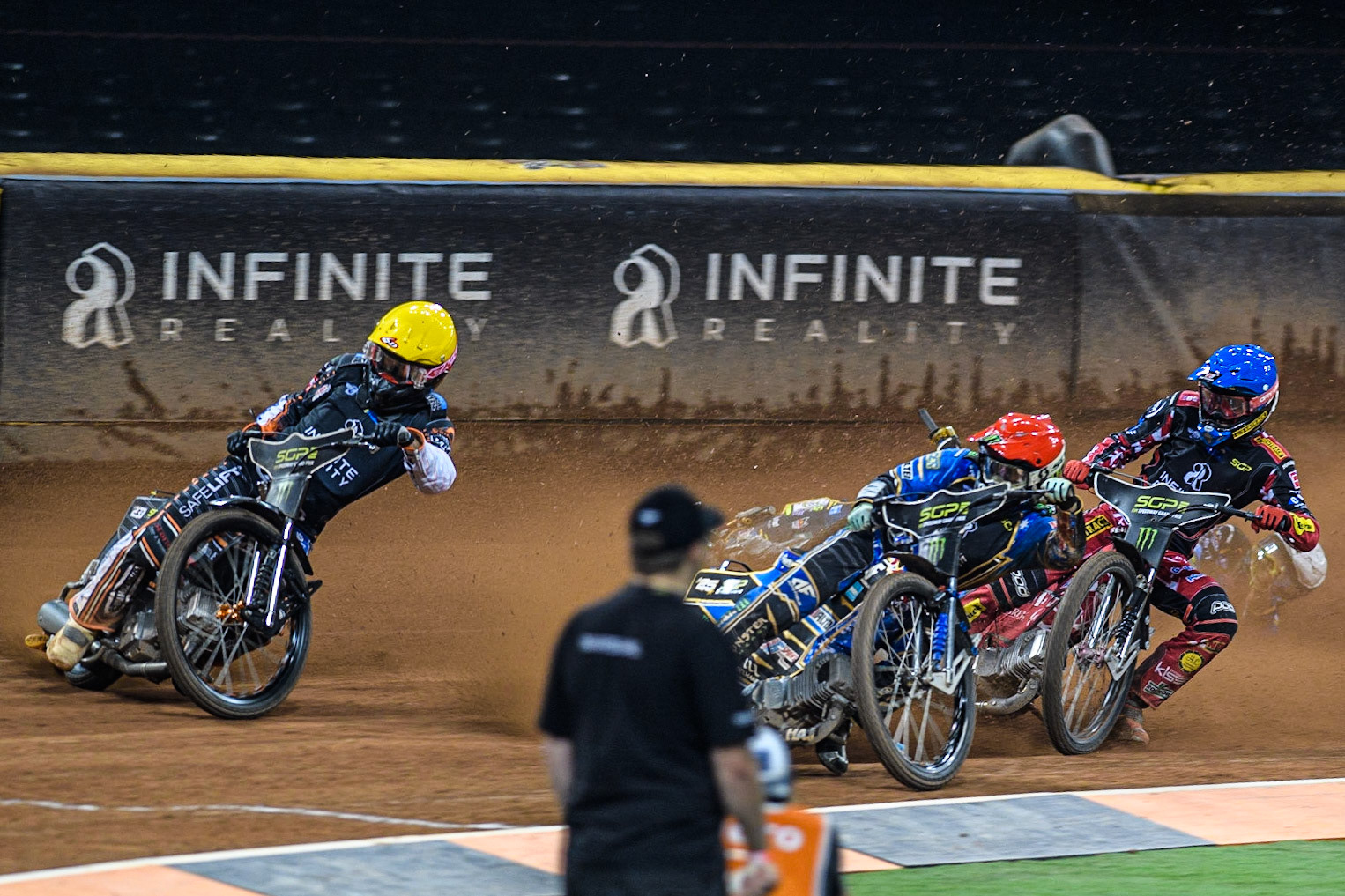 Jack Holder (25) (Red) inside Kim Nilsson (233) (Yellow) with Max Fricke (46) (Blue) behind as Jason Doyle (69) falls at the back during the FIM Speedway Grand Prix of Great Britain at the Principality Stadium, Cardiff on Saturday 2nd September 2023. (Photo: Ian Charles | MI News)