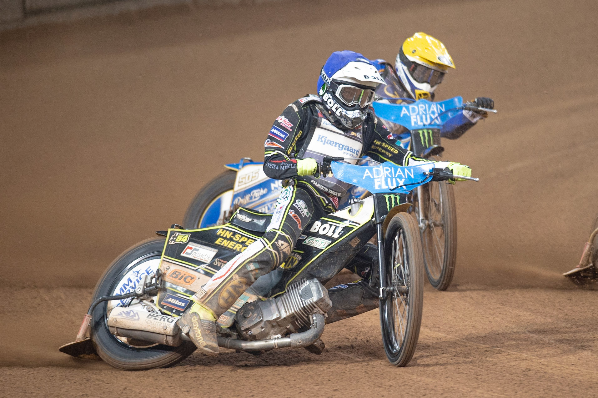 CARDIFF,WALES Martin Vaculik (Blue) leads Robert Lambert (Yellow) during the ADRIAN FLUX BRITISH FIM SPEEDWAY GRAND PRIX at the Principality Stadium, Cardiff on Saturday 21st September 2019. (Credit: Ian Charles | MI News)