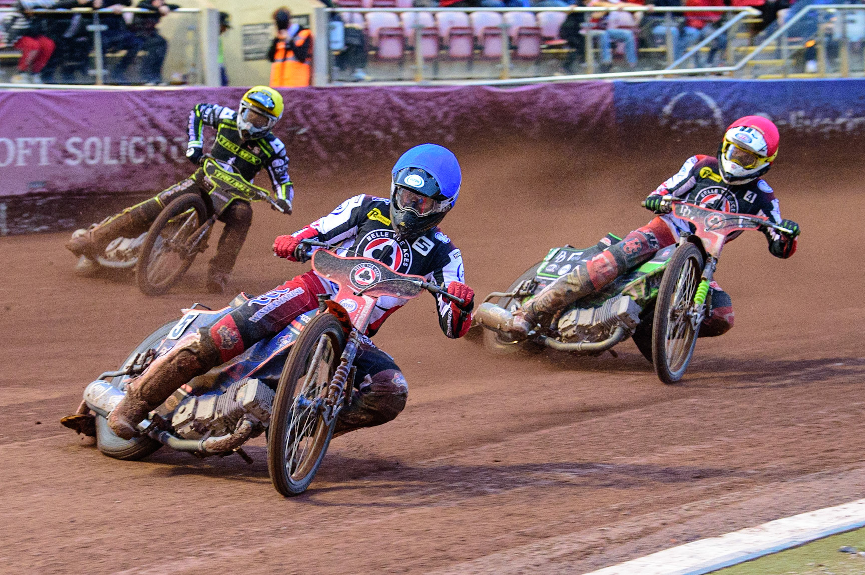 MANCHESTER, UK. JUN 6TH  Brady Kurtz  (Blue) leads Charles Wright  (Red) and Troy Batchelor  (Yellow) during the SGB Premiership match between Belle Vue Aces and Ipswich Witches at the National Speedway Stadium, Manchester on Monday 6th June 2022. (Credit: Ian Charles | MI News)