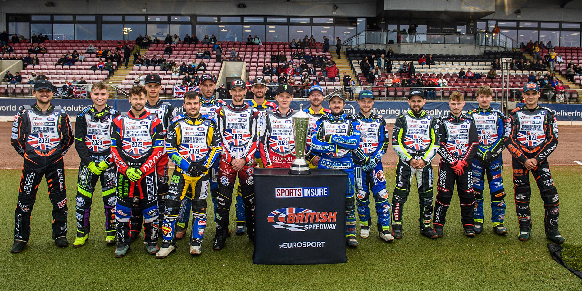 The riders line up for a group shot during the Sports Insure British Speedway Final at the National Speedway Stadium, Manchester on Monday 14th August 2023. (Photo: Ian Charles | MI News)