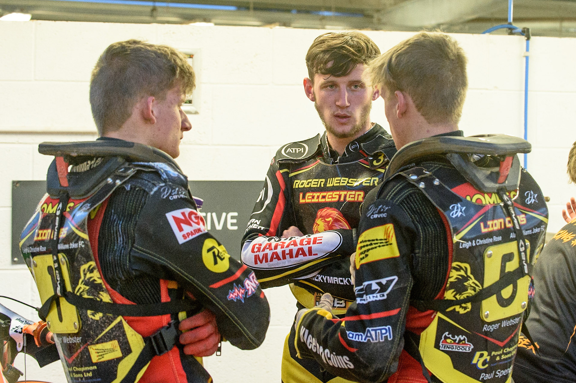 MANCHESTER, UK. JULY 29TH   (l-r) Dan Thompson , Joe Lawlor  and Joe Thompson  discuss tactics during the National Development League match between Belle Vue Colts and Leicester Lion Cubs at the National Speedway Stadium, Manchester on Thursday 29th July 2021. (Credit: Ian Charles | MI News)