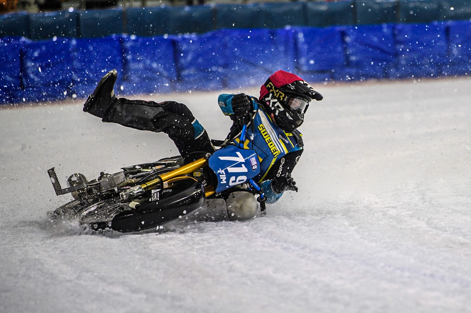 Filip Jäger (719) of Sweden in Red loses control of his bike in the re-run of Heat 17 during the FIM Ice Speedway Gladiators World Championship, Final 4 at the Ice Stadium, Thialf, Heerenveen on Sunday 6th April 2025. (Photo: Ian Charles | MI News)