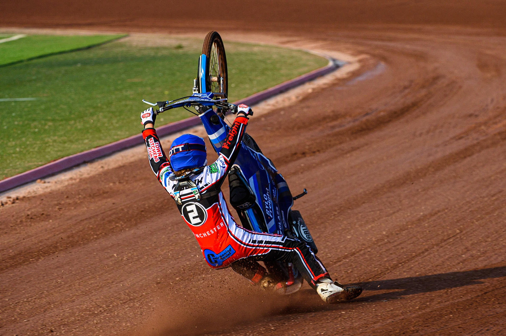 MANCHESTER, UK. JULY 23RD Harry McGurk  \loses control of his machine on the back straight during the National Development League match between Belle Vue Colts and Eastbourne Seagulls at the National Speedway Stadium, Manchester on Friday 23rd July 2021. (Credit: Ian Charles | MI News)