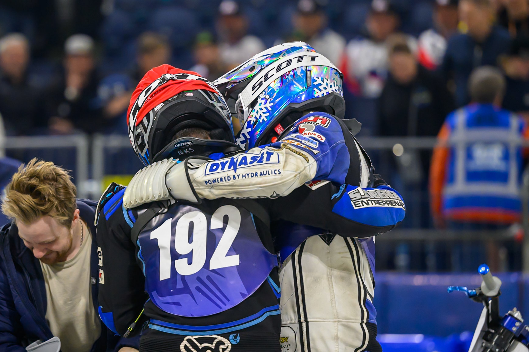 Max Koivula (24) of Finland  gives '192\ a hug after Svensson won the World Championship during the FIM Ice Speedway Gladiators World Championship Final 3 at Ice Rink Thialf, Heerenveen on Saturday 11th April 2026. (Photo: Ian Charles | MI News)