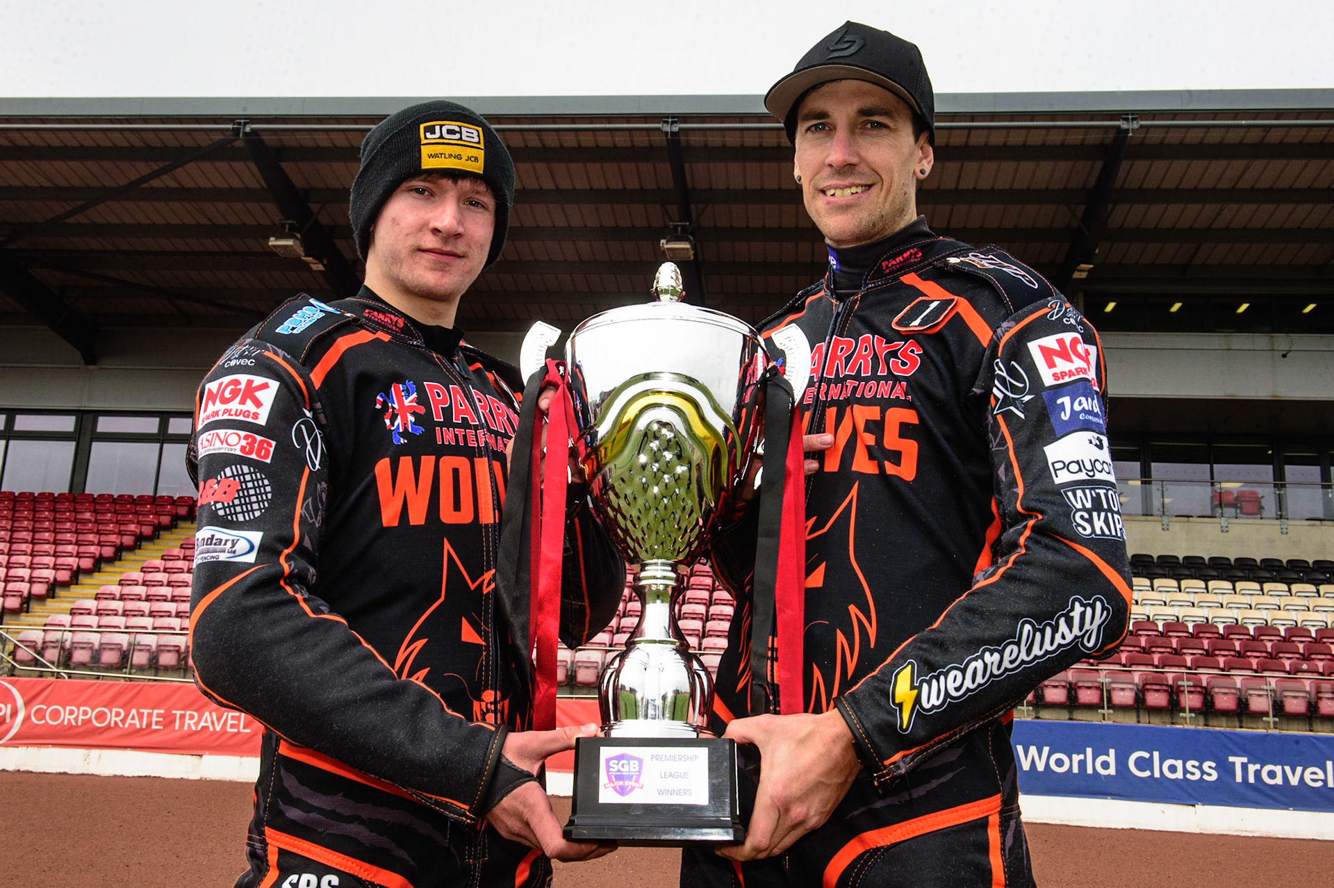 MANCHESTER, UK. APRIL 12TH: Joe Thompson and Sam Masters with the Premiership Trophy at the Discovery Networks Eurosport Speedway Season Launch at the National Speedway Stadium, Manchester on Tuesday 12th April 2022 (Credit: Ian Charles | MI News)