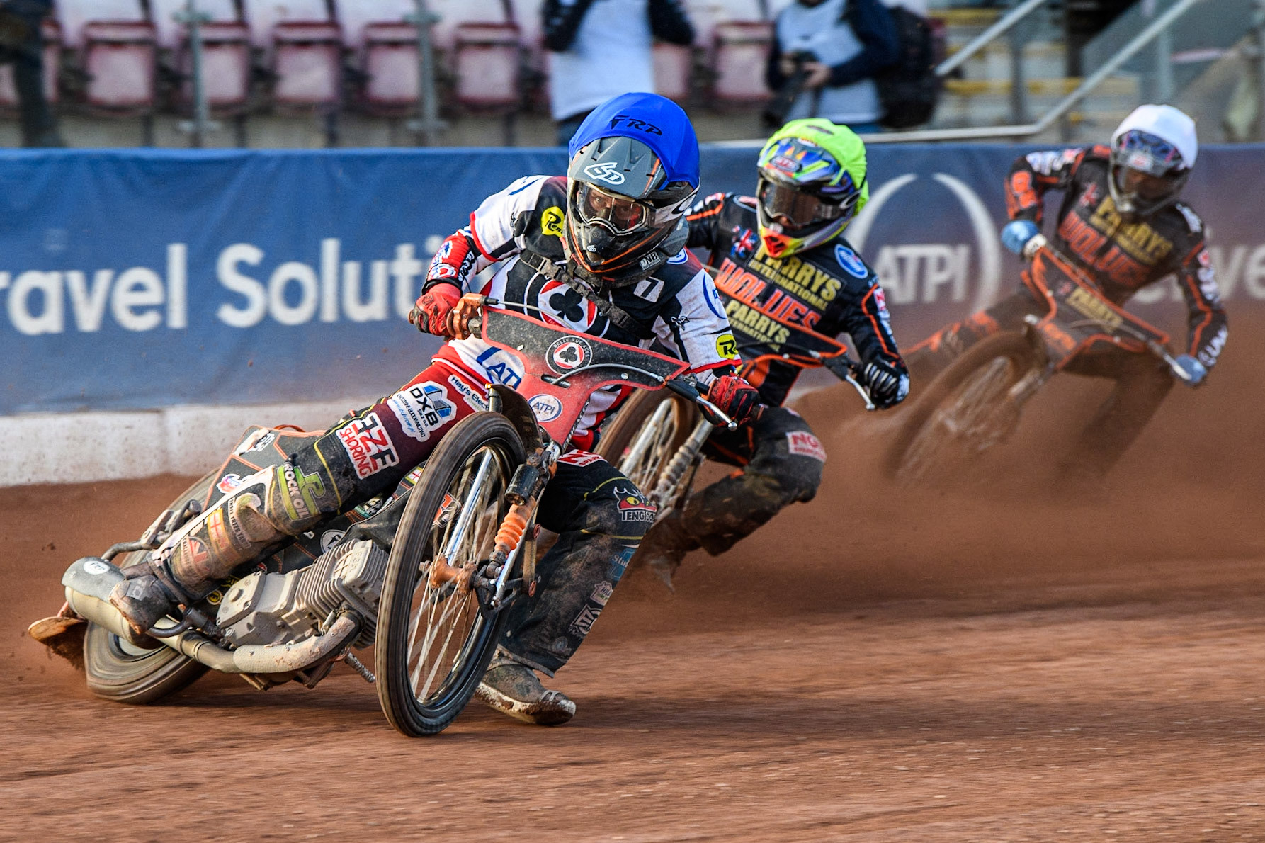 Jack Smith (Blue) leads Leon Flint (Yellow) and Steve Worrall (White) during the Sports Insure Premiership match between Belle Vue Aces and Wolverhampton Wolves at the National Speedway Stadium, Manchester on Monday 3rd July 2023. (Photo: Ian Charles | MI News)