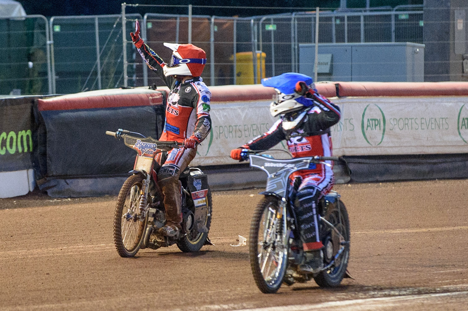 MANCHESTER, UK. JULY 29TH  Sam McGurk  (Blue) and Paul Bowen  (Red) celebrate their match winning ride  during the National Development League match between Belle Vue Colts and Leicester Lion Cubs at the National Speedway Stadium, Manchester on Thursday 29th July 2021. (Credit: Ian Charles | MI News)