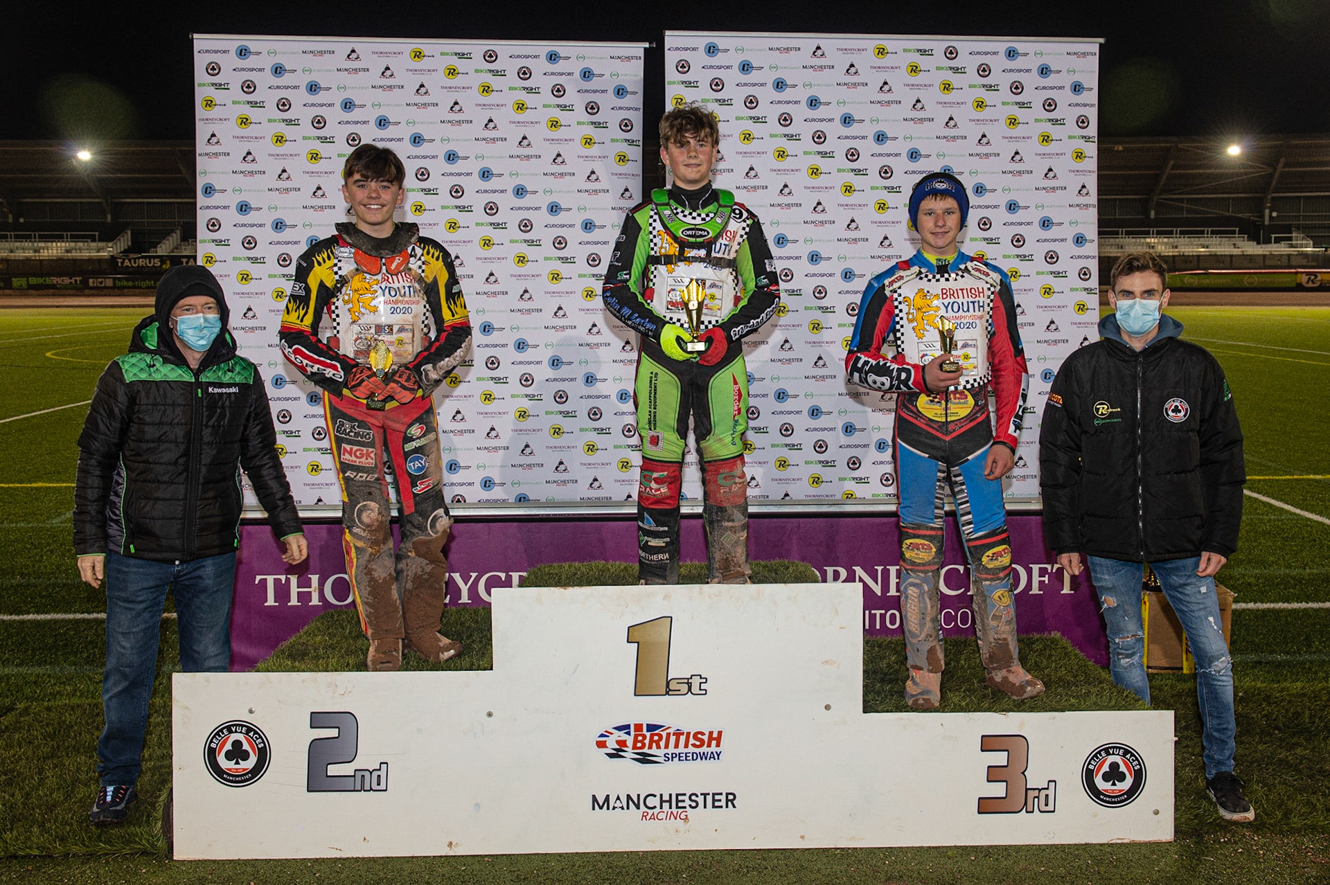 Photo: Ian Charles250cc Final R 5:(l-r) Jason Crump, Max James (2nd), Luke Harrison (1st), Cameron Taylor (3rd), Steve Worrall British Youth Speedway Championship (Round 5), National Speedway Stadium, Manchester Saturday  10  October  2020