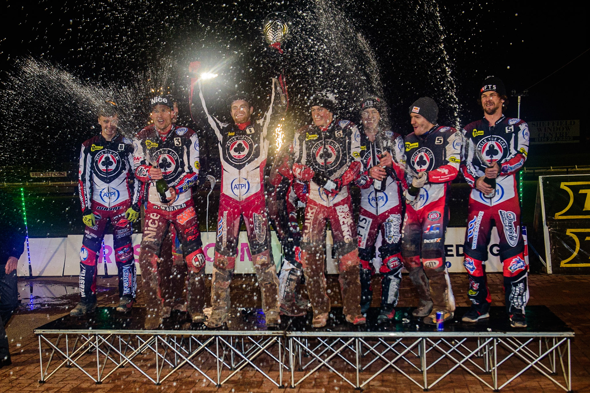 The Belle Vue ATPI Aces celebrate as Premiership Champions 2022 during the SGB Premiership Grand Final 2nd Leg between Sheffield Tigers and Belle Vue Aces at Owlerton Stadium, Sheffield on Thursday 13th October 2022. (Credit: Ian Charles | MI News)
