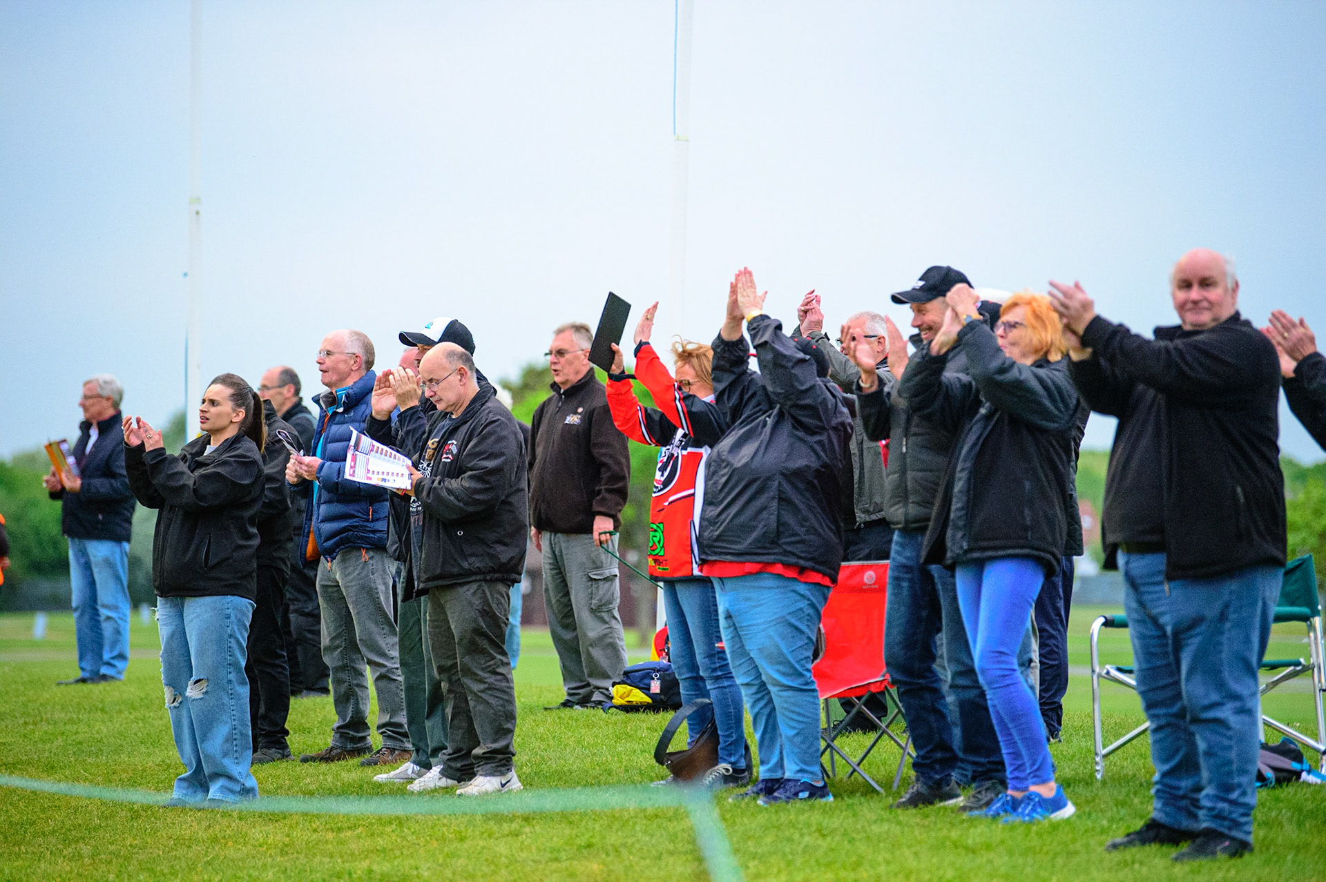PETERBOROUGH, UK. MAY 9TH  Belle Vue Fans applaud their riders as they take a maximum points heat win during the SGB Premiership match between Peterborough Panthers and Belle Vue Aces at East of England Showground, Peterborough on Monday 9th May 2022. (Credit: Ian Charles | MI News)