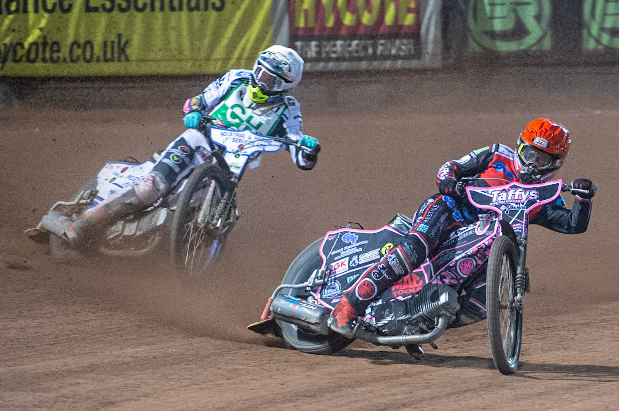 Photo: Ian Charles

Leon Flint  (Red) leads Max Clegg  (White)

Belle Vue Colts v Cradley Heathens, SGB National League KO Cup Semi Final 2nd Leg, Belle Vue National Speedway Stadium, Manchester, Wednesday 18  September  2019
