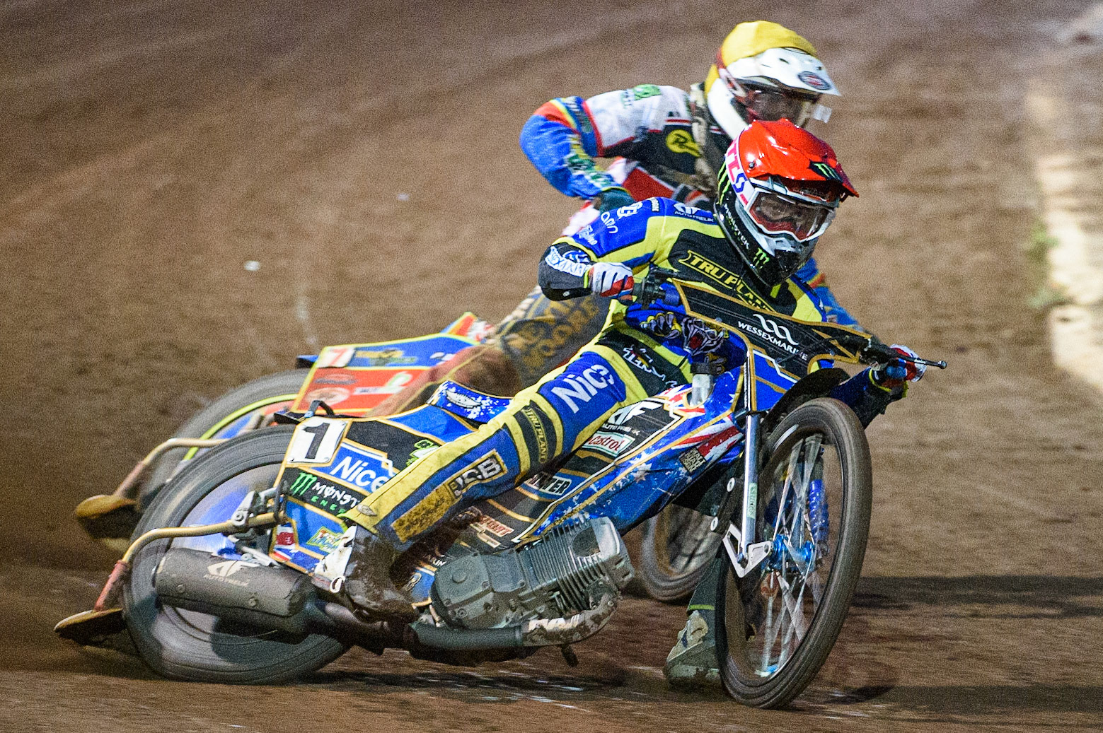 SHEFFIELD, UK. AUG 2NDJack Holder  (Red) leads Simon Lambert  (Yellow) during the SGB Premiership match between Sheffield Tigers and Belle Vue Aces at Owlerton Stadium, Sheffield on Thursday 2nd September 2021. (Credit: Ian Charles | MI News)