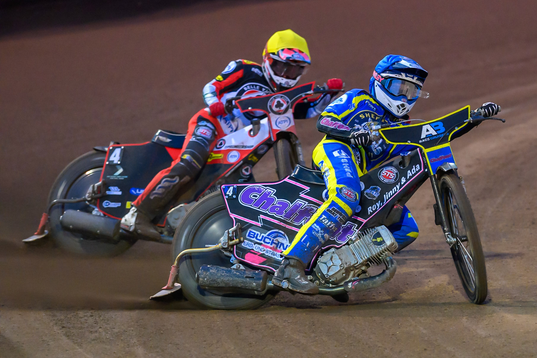 Leon Flint of Sheffield Tigers  in Blue leading Zach Cook of Belle Vue Aces in Yellow during the Knockout Cup Northern Section match between Sheffield Tigers and Belle Vue Aces at Owlerton Stadium, Sheffield on Thursday 2nd April 2026. (Photo: Ian Charles | MI News)