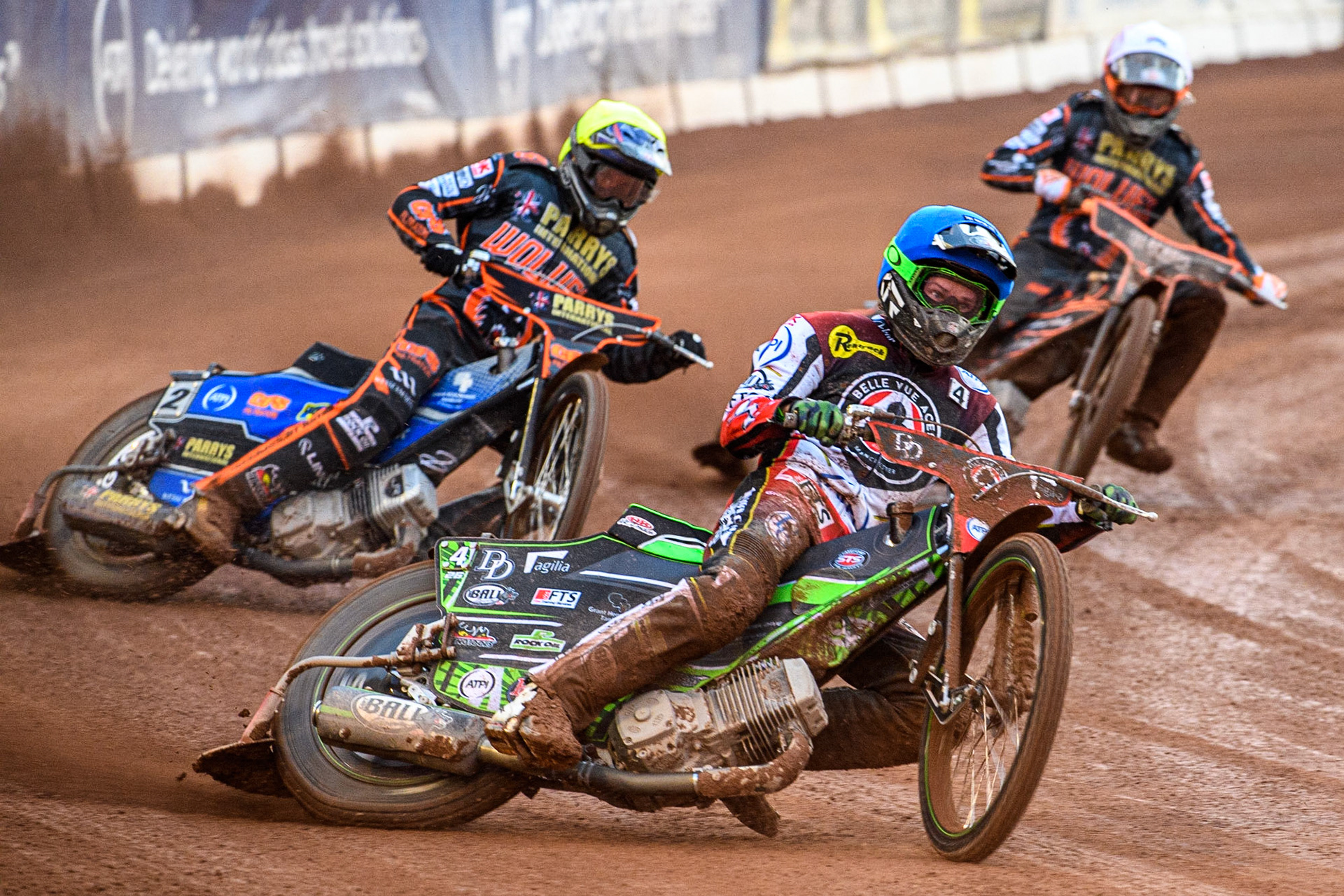 Charles Wright (Blue) leads Steve Worrall (Yellow) and Sam Masters (White) during the Sports Insure Premiership Knock Out Cup Quarter Final 2nd Leg between Belle Vue Aces and Wolverhampton Wolves at the National Speedway Stadium, Manchester on Thursday 18th May 2023. (Photo: Ian Charles | MI News)