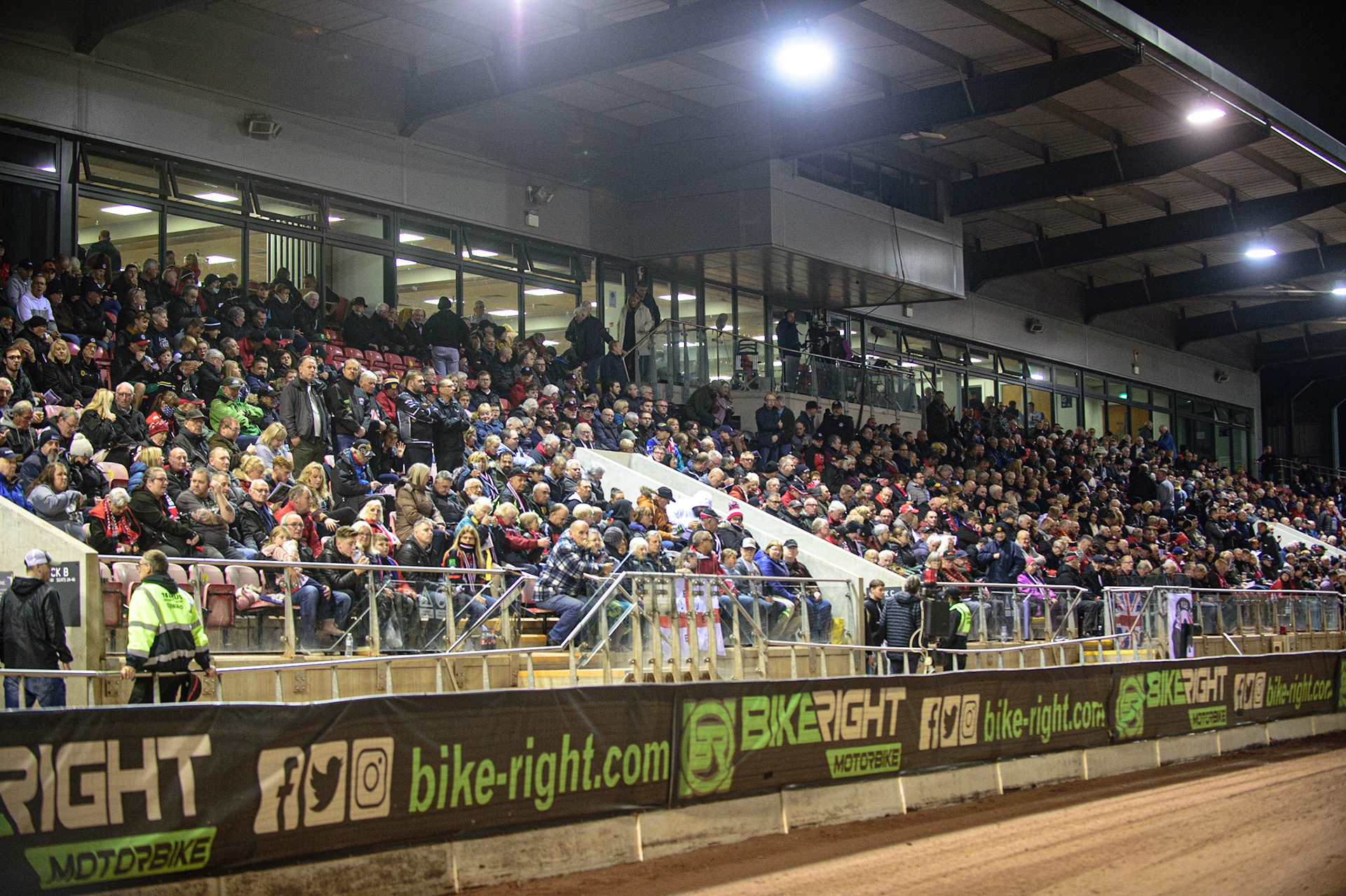 MANCHESTER, UK. OCT 11TH  Full main stand at the NSS for the Grand Final during the SGB Premiership Grand Final 1st Leg between Belle Vue Aces and Peterborough Panthers at the National Speedway Stadium, Manchester on Monday 11th October 2021. (Credit: Ian Charles | MI News)