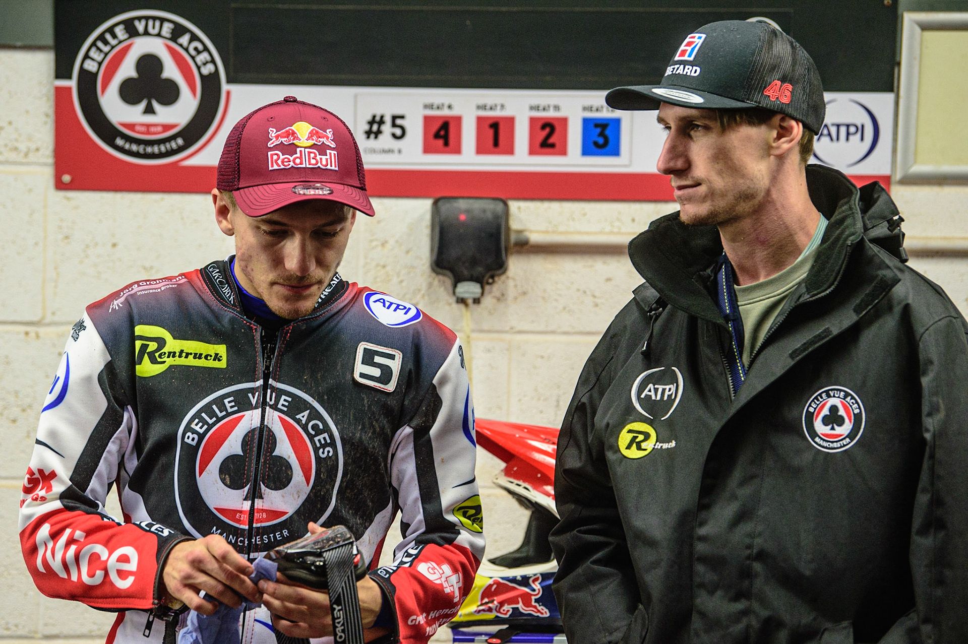 Robert Lambert (left) chats with injured Aces rider Max Fricke. during the SGB Premiership Semi Final 2nd Leg between Belle Vue Aces and Ipswich Witches at the National Speedway Stadium, Manchester on Monday 3rd October 2022. (Credit: Ian Charles | MI News)
