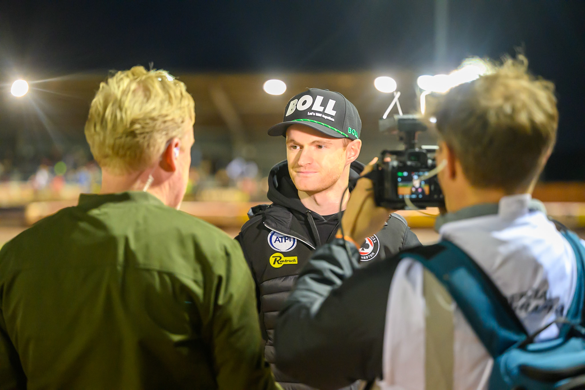 Brady Kurtz of Belle Vue Aces  (Centre) is interviewed by Ian Haslam of BBC North West live on air during the Rowe Motor Oil Premiership Grand Final 2nd Leg between Belle Vue Aces and Sheffield Tigers at the National Speedway Stadium, Manchester on Friday 16th October 2026. (Photo: Ian Charles | MI News)