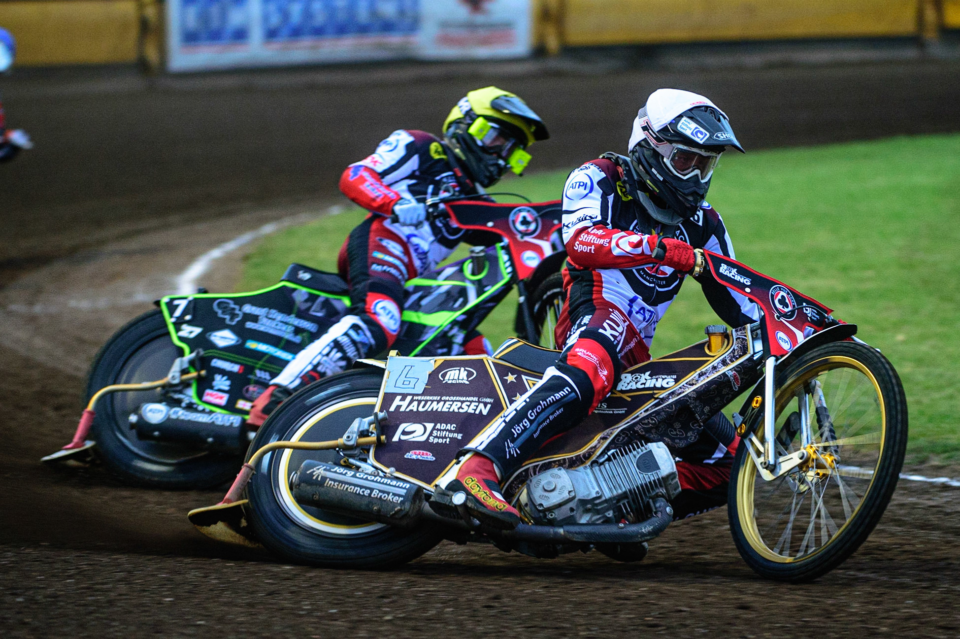 PETERBOROUGH, UK. MAY 9TH  Norick Blödorn (White) and Tom Brennan (Yellow) take maximum points for The Aces during the SGB Premiership match between Peterborough Panthers and Belle Vue Aces at East of England Showground, Peterborough on Monday 9th May 2022. (Credit: Ian Charles | MI News)