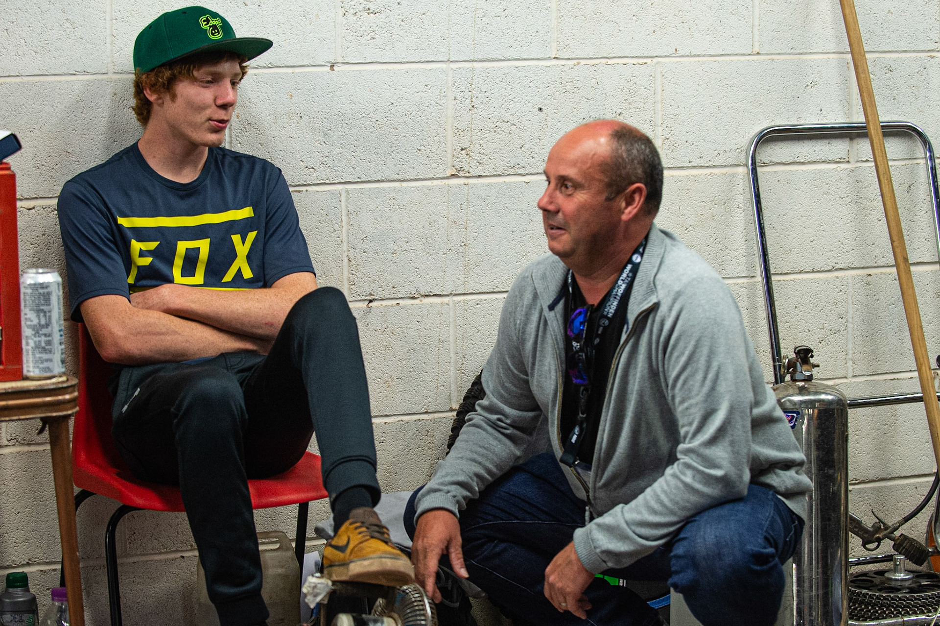 Photo: Ian Charles

Dan Bewley(left) after his withdrawal from the meeting with injury chats with Belle Vue Team Sponsor Richard Cotton of Rentruck

Sports Insure British Final,  Belle Vue National Speedway Stadium, Manchester Monday 29  July  2019