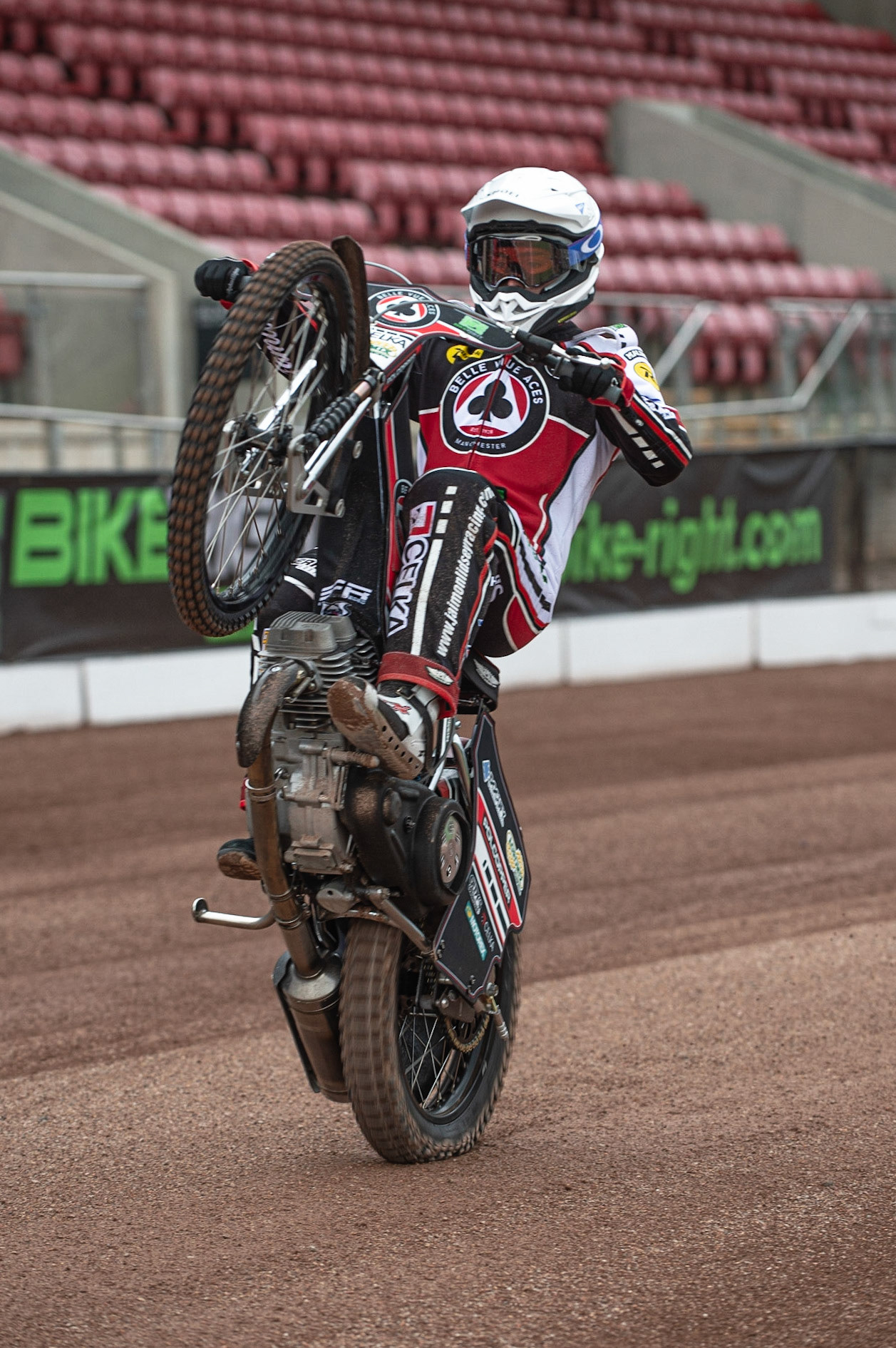 MANCHESTER, ENGLAND  - March 12  Jaimon Lidsey of Belle Vue Aces pulls a wheelie  during The Belle Vue Speedway Media Day, at The National Speedway Stadium, Manchester, on Thursday 12 March 2020. (Credit: Ian Charles | MI News)