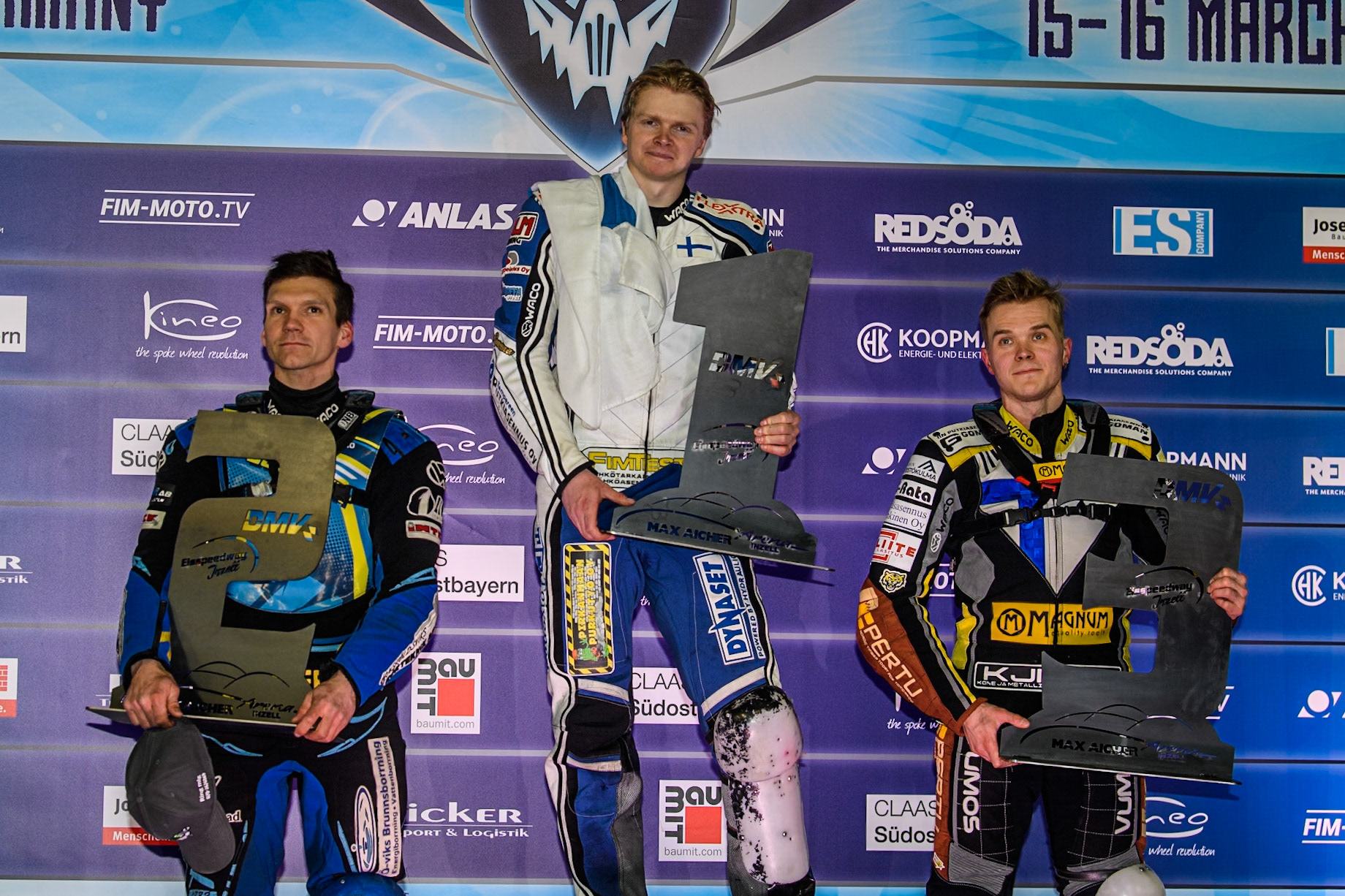Saturday’s Top 3: (L to R) Niclas Svensson (2nd), Max Koivula (24) (Winner), Heikki Huusko (3rd) during the Ice Speedway Gladiators World Championship Final 1 at Max-Aicher-Arena, Inzell on Saturday 15th March 2025. (Photo: Ian Charles | MI News)