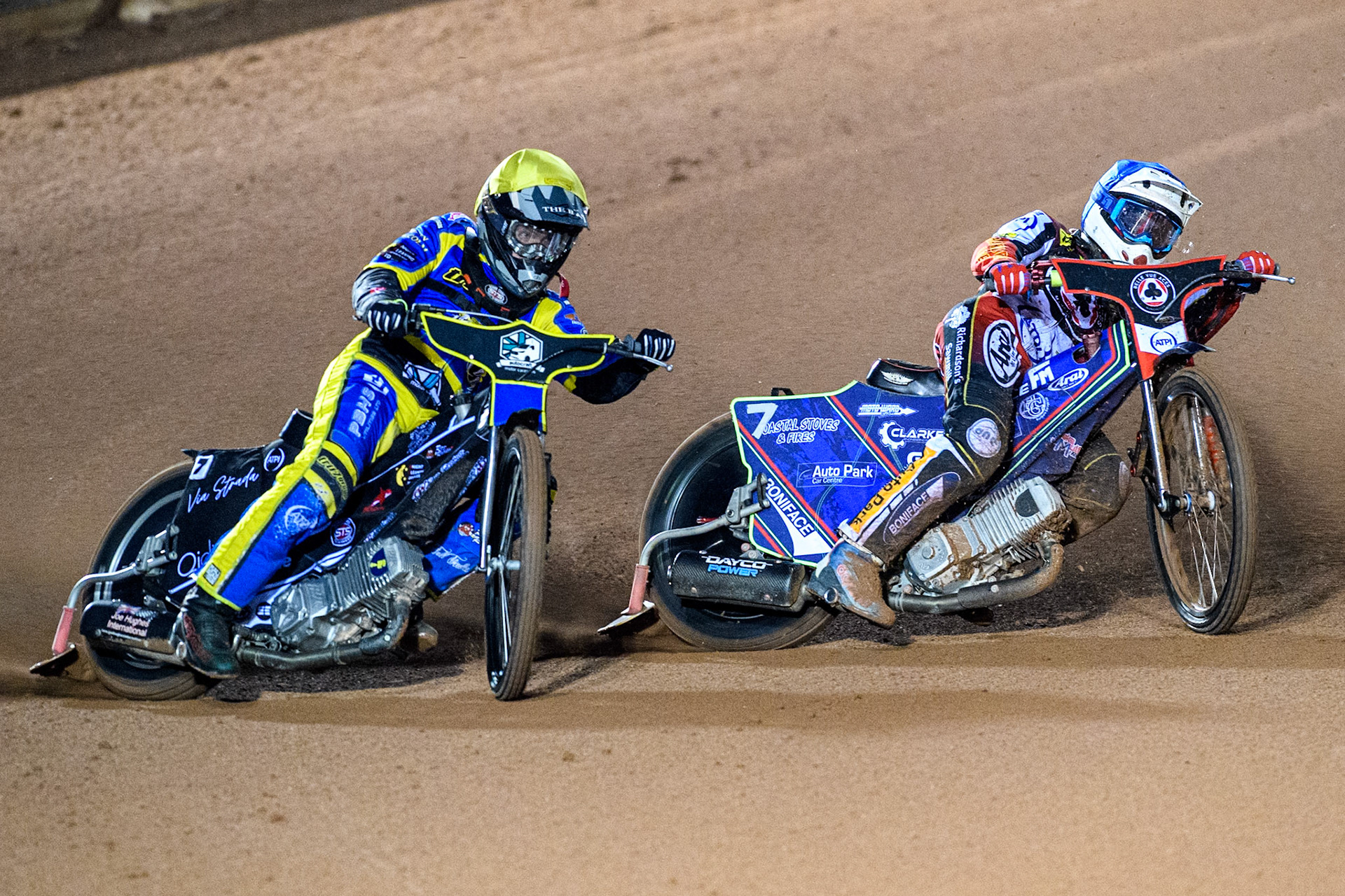 Belle Vue Aces' Jake Mulford  in Blue rides inside Sheffield Tigers' Dan Gilkes  in Yellow during the Rowe Motor Oil Premiership Play Off Semi Final 2, 1st Leg match between Belle Vue Aces and Sheffield Tigers at the National Speedway Stadium, Manchester on Monday 16th September 2024. (Photo: Ian Charles | MI News)