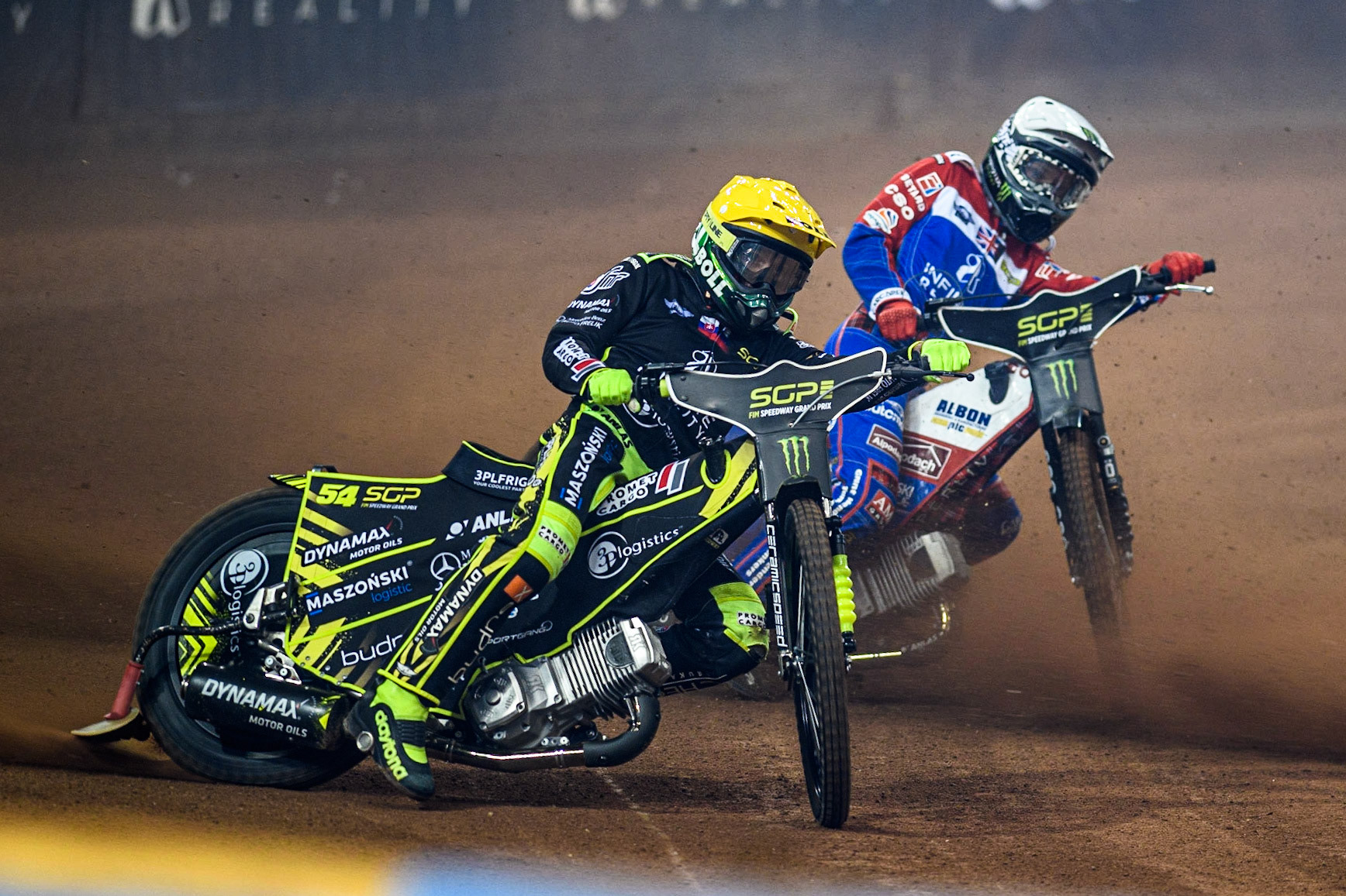 Martin Vaculik (54) (Yellow) leads  Dan Bewley (99) (White) during the FIM Speedway Grand Prix of Great Britain at the Principality Stadium, Cardiff on Saturday 2nd September 2023. (Photo: Ian Charles | MI News)
