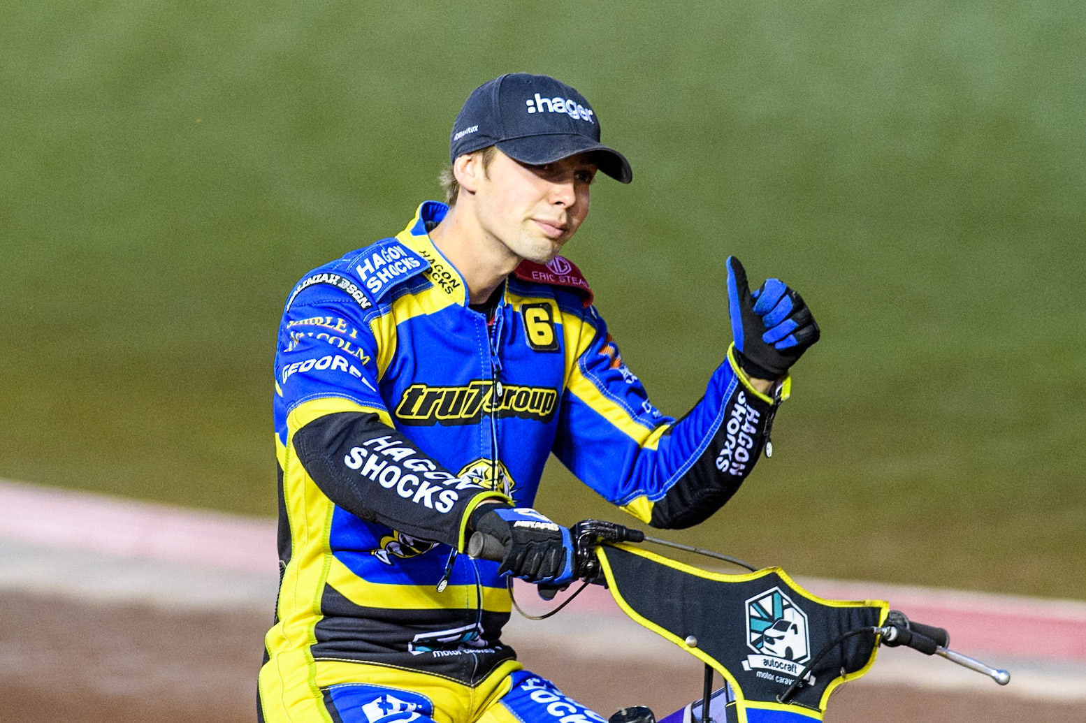 Sheffield Tigers' Jason Edwards  on the parade lap during the Rowe Motor Oil Premiership Play Off Semi Final 2, 1st Leg match between Belle Vue Aces and Sheffield Tigers at the National Speedway Stadium, Manchester on Monday 16th September 2024. (Photo: Ian Charles | MI News)