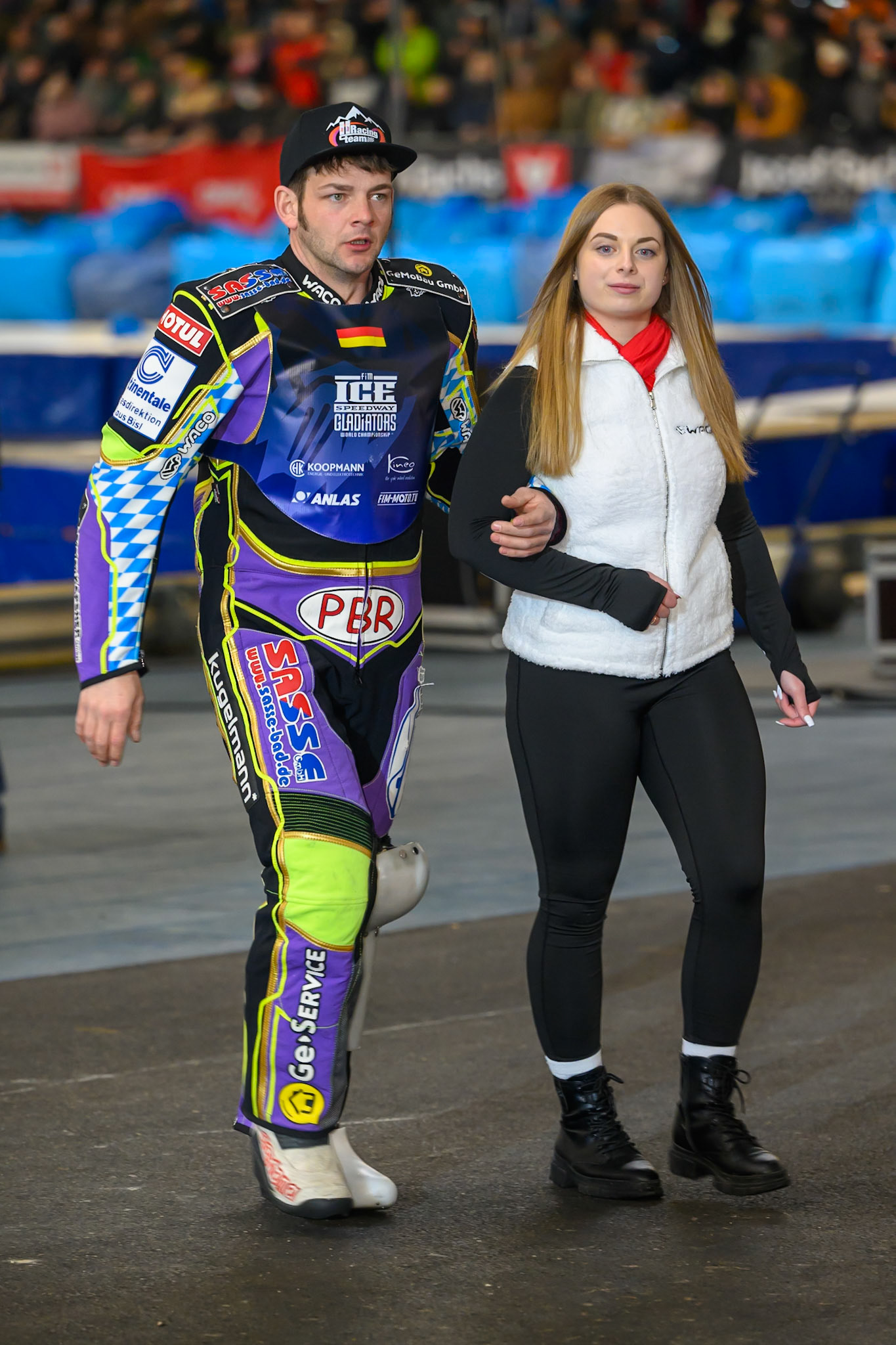 Max Niedermaier (88) of Germany is accompanied by a start girl  during the Ice Speedway Gladiators World Championship Final 2 at Max-Aicher-Arena, Inzell on Sunday 15th March 2026. (Photo: Ian Charles | MI News)