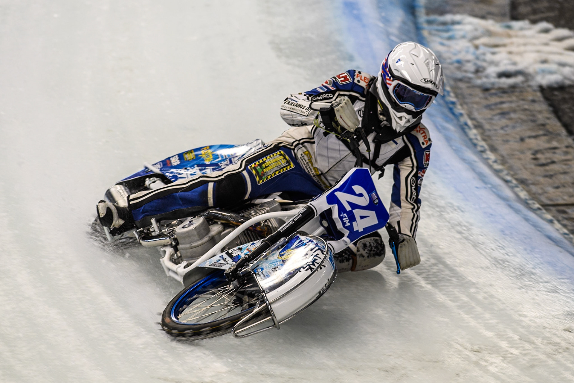 Max Koivula (24) of Finland in action during practice for  the Ice Speedway Gladiators World Championship Finals 1 &amp; 2 at Max-Aicher-Arena, Inzell on Friday 14th March 2025. (Photo: Ian Charles | MI News)