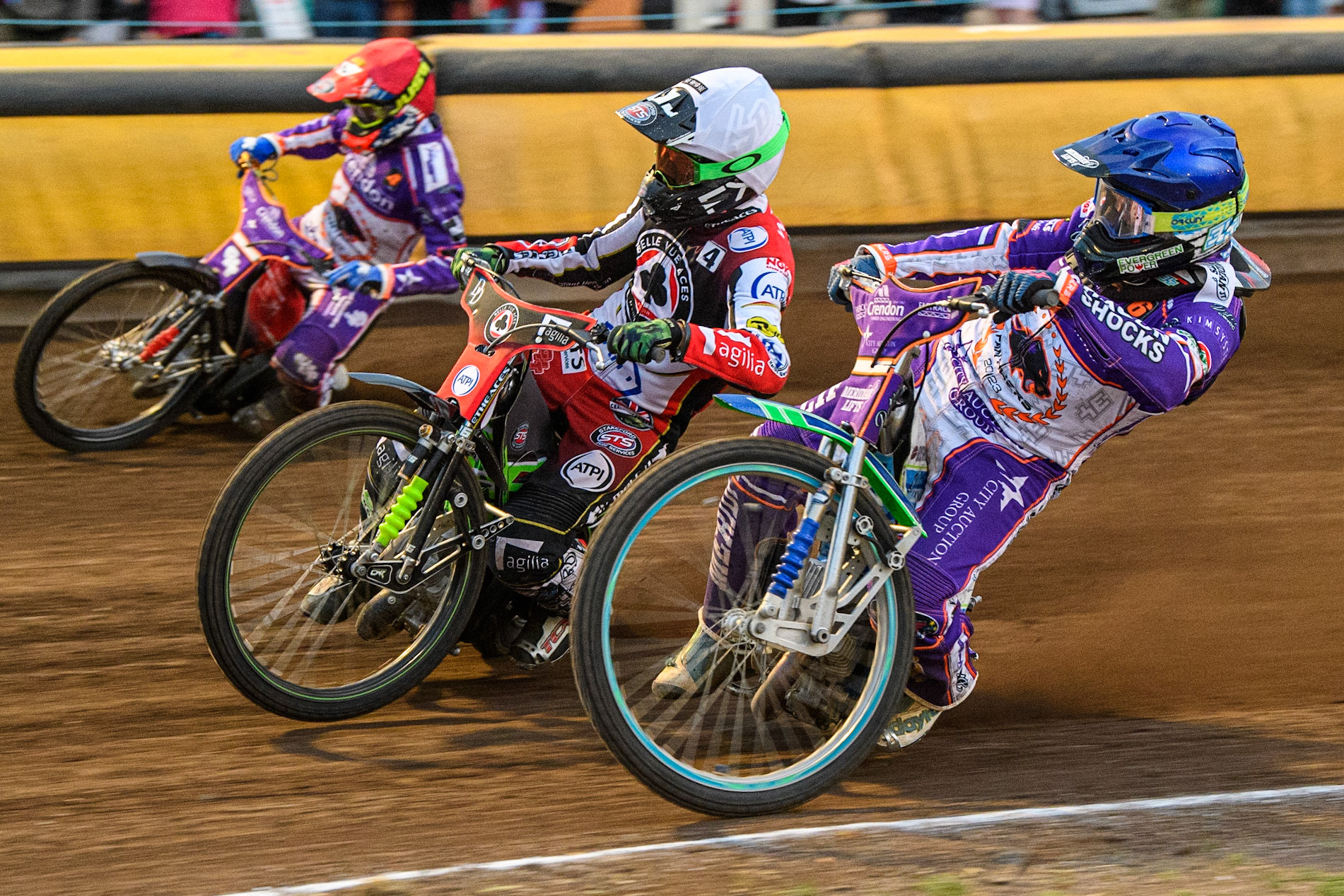 Charles Wright (White) rides between Richie Worrall (Red) and Hans Andersen (Blue) during the Sports Insure Premiership match between Peterborough and Belle Vue Aces at East of England Showground, Peterborough on Monday 26th June 2023. (Photo: Ian Charles | MI News)