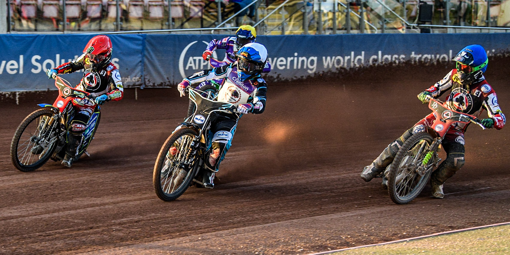 Vadim Tarasenko (White) leads Jaimon Lidsey (Red) and Charles Wright (Blue) with Hans Andersen (Yellow) behind during the Sports Insure Premiership match between Belle Vue Aces and Peterborough at the National Speedway Stadium, Manchester on Monday 19th June 2023. (Photo: Ian Charles | MI News)