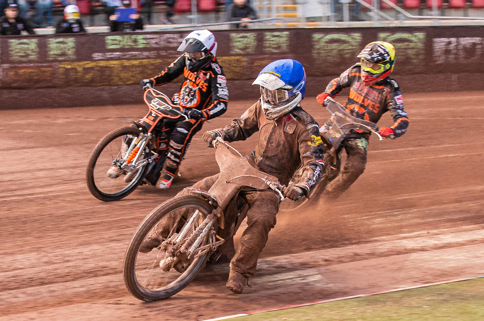 Photo by Ian Charles:

Belle Vue Aces'  Jaimon Lidsey  (Blue) leads Wolverhampton Wolves  Sam Masters  (White) and Ryan Douglas  (Yellow)

Belle Vue Aces v Wolverhampton Wolves, SGB Premiership, National Speedway Stadium, Manchester, Monday, 19, August, 2019