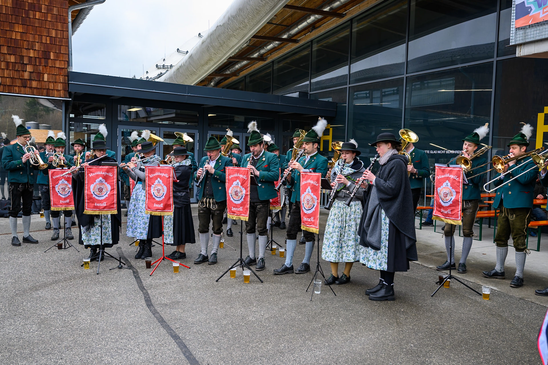 Fans are entertained by the local Silver band during the Ice Speedway Gladiators World Championship Final 2 at Max-Aicher-Arena, Inzell on Sunday 15th March 2026. (Photo: Ian Charles | MI News)