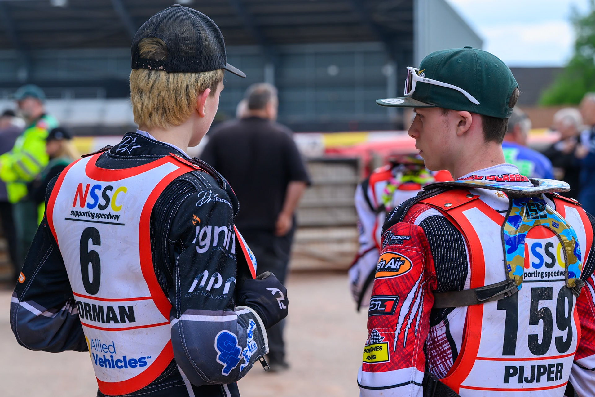 Seth Norman (6) (Left) with Stene Pijper (159) chat between heats during the British Youth Speedway Championship &amp; JR Ashworth &amp; Sons Colts Individual at the National Speedway Stadium, Manchester on Sunday 10th May 2026. (Photo: Ian Charles | MI News)