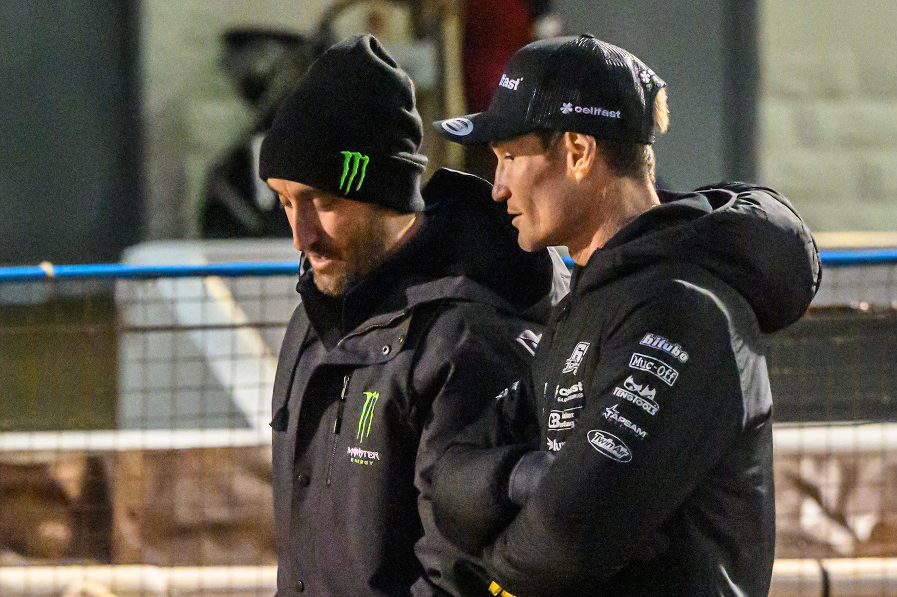 Chris Holder of Sheffield Tigers chats with fellow Australian Jason Doyle of Belle Vue Aces during the Rowe Motor Oil Premiership Grand Final 1st Leg match between Sheffield Tigers and Belle Vue Aces at Owlerton Stadium, Sheffield on Monday 12th October 2026. (Photo: Ian Charles | MI News)