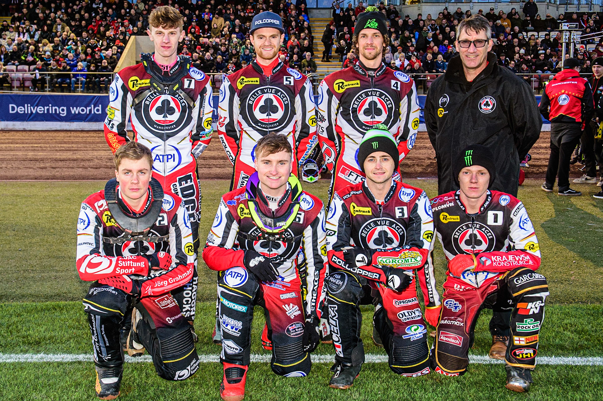 Belle Vue ‘ATPI’ Aces: Rear (l - r) Jake Mulford , Brady Kurtz , Charles Wright, Mark Lemon . Kneeling: Norick Blodorn, Tom Brennan , Jaimon Lidsey , Dan Bewley  during the SGB Premiership match between Belle Vue Aces and Sheffield Tigers at the National Speedway Stadium, Manchester on Monday 27th March 2023. (Photo: Ian Charles | MI News)
