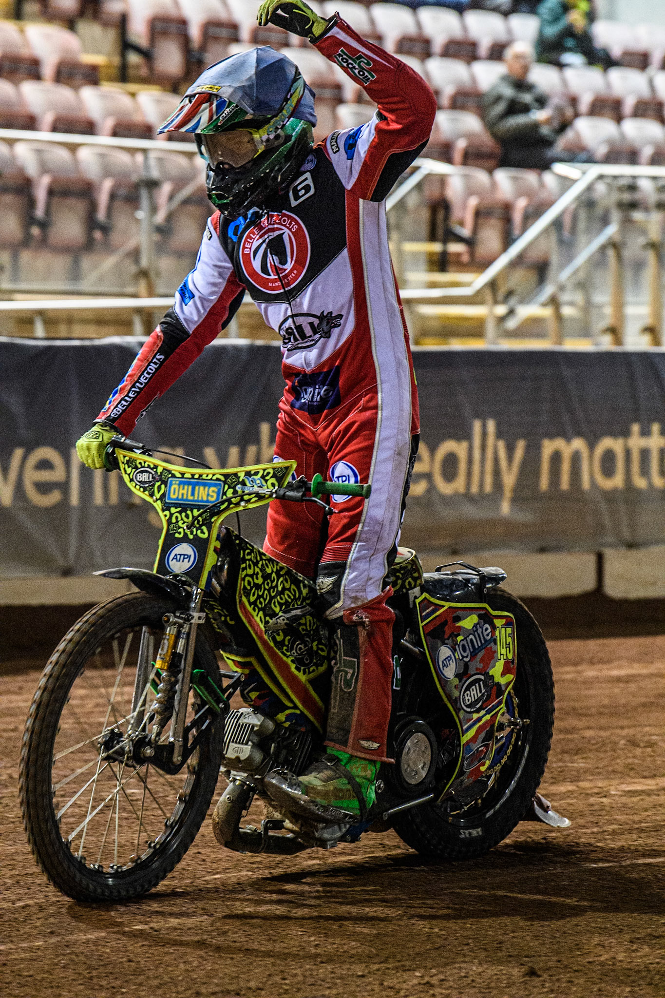 Belle Vue Colts' William Cairns celebrates his win in Heat 14 during the WSRA National Development League match between Belle Vue Aces and Edinburgh Monarchs at the National Speedway Stadium, Manchester on Friday 30th August 2024. (Photo: Ian Charles | MI News)