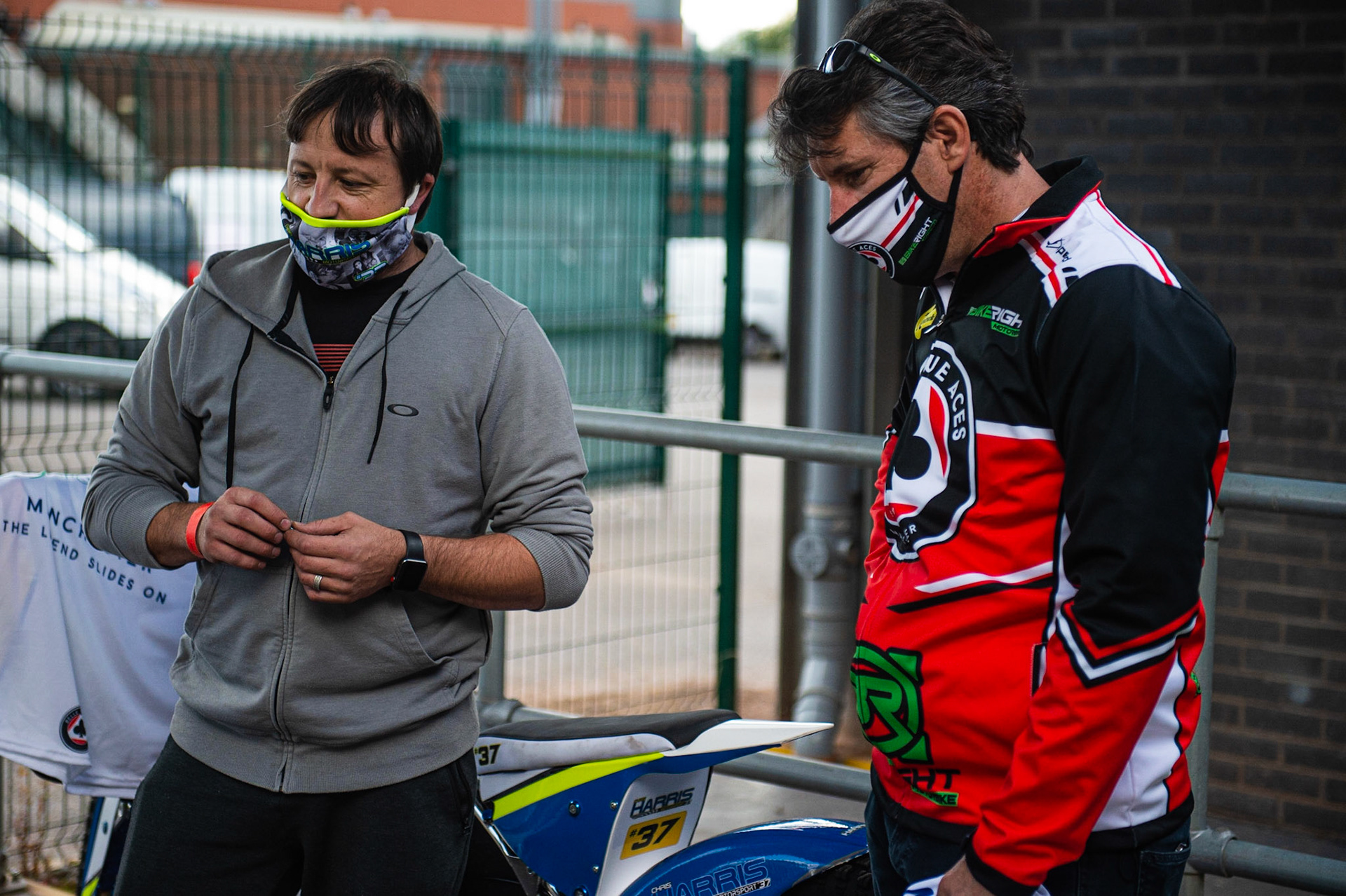Photo: Ian CharlesChris Harris of the 'ATPI' All Stars (left) with Mark Lemon, team manager of Belle Vue 'BikeRight' Aces Belle Vue ‘Bikerite ’Aces v ‘ATPI’ All Stars, Premiership Challenge, National Speedway Stadium, Manchester Thursday  24  September  2020