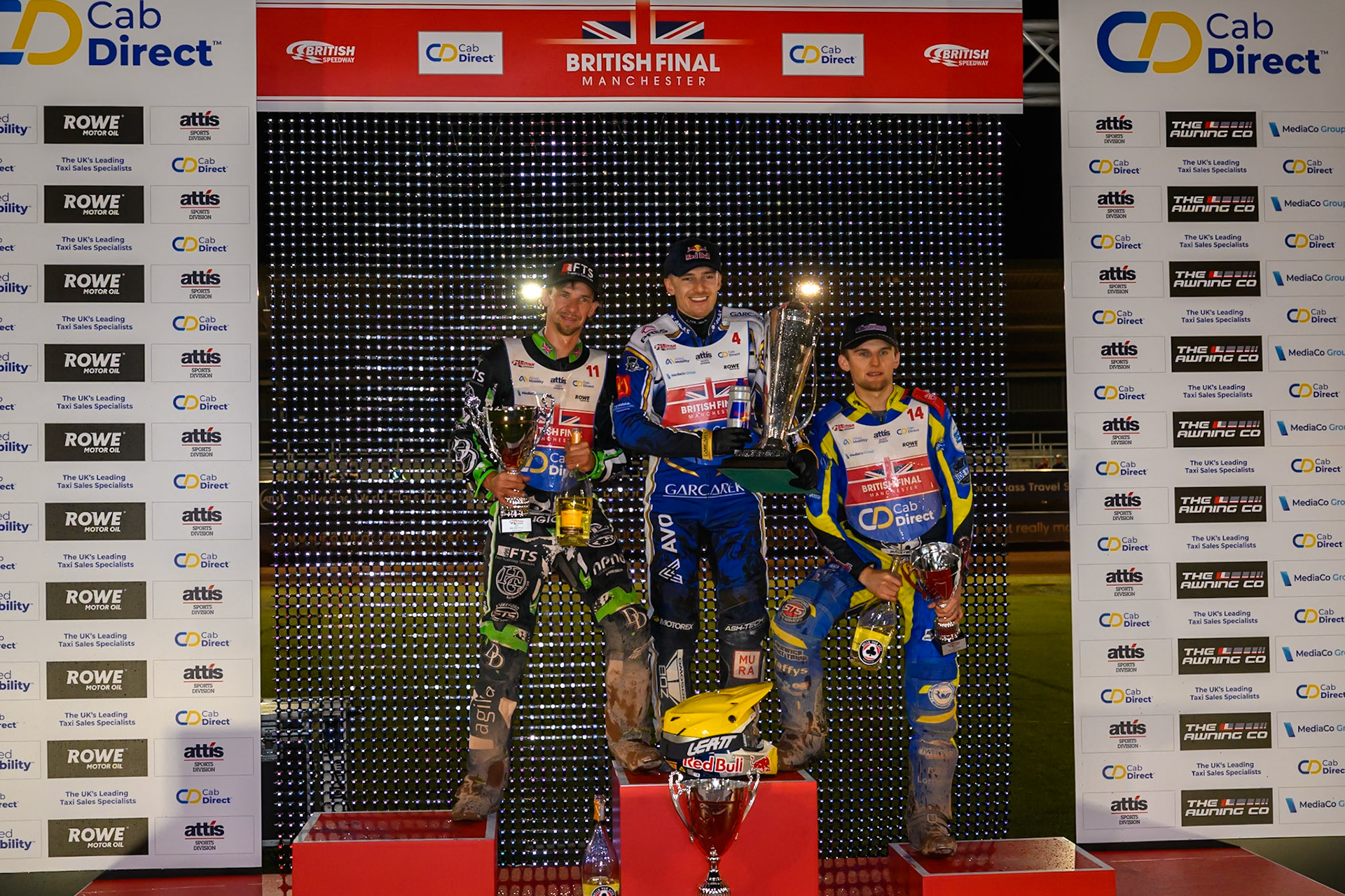 Top3: (L to R)  Charles Wright (2nd), Robert Lambert (Winner), Leon Flint (3rd) during the Cab Direct British Speedway Championship Final at the National Speedway Stadium, Manchester on Saturday 15th August 2026. (Photo: Ian Charles | MI News)
