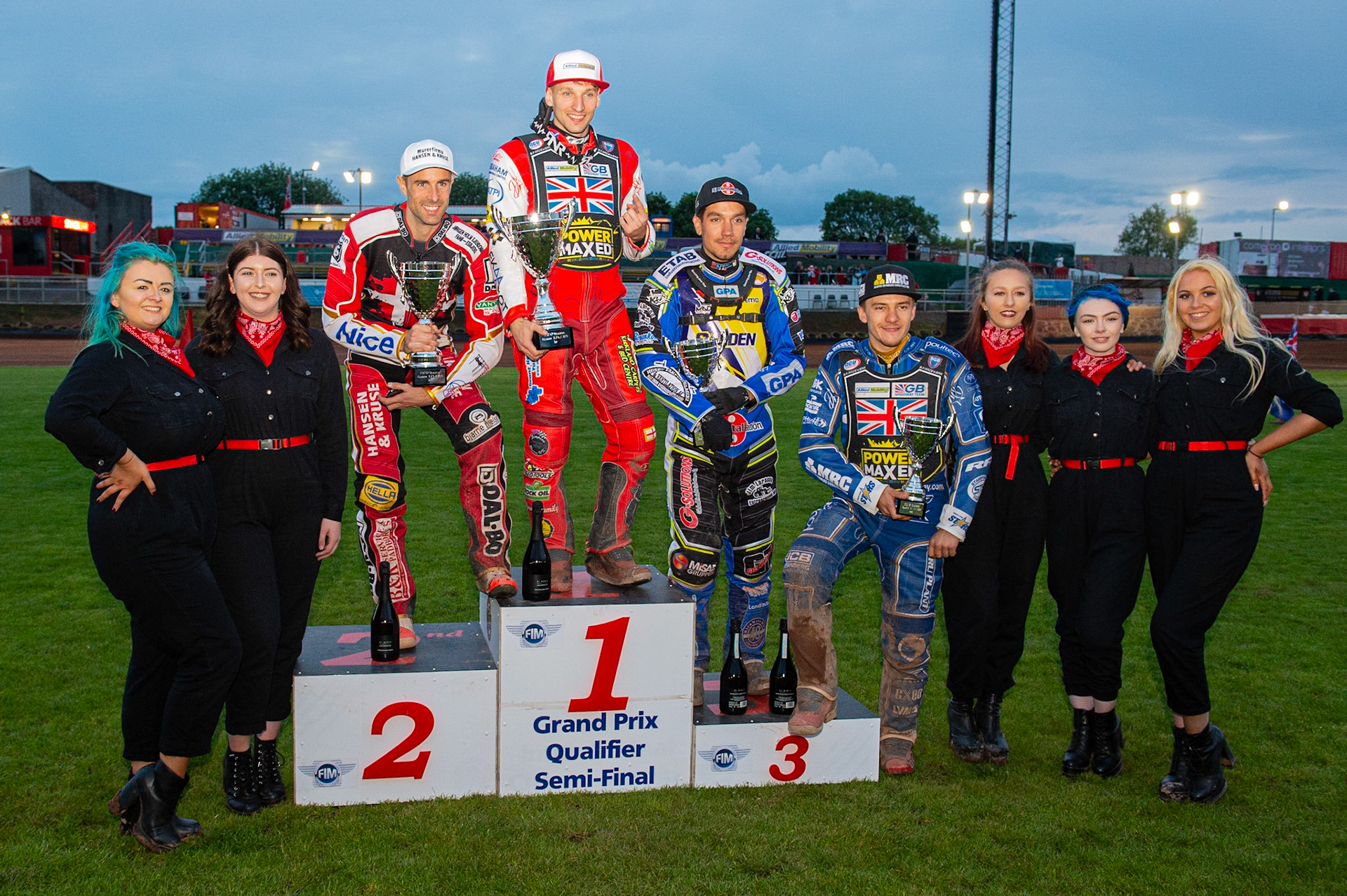 Photo by Ian Charles:

Qualifying riders from the meeting: (l-r) Niels-Kristian Iversen (2nd), Craig Cook (Winner), Pontus Aspgren (3rd), Robert Lambert 4th

FIM Speedway Grand Prix World Championship - Qualifying Round 1, Peugeot Ashfield Stadium, Glasgow, 8 June 2019