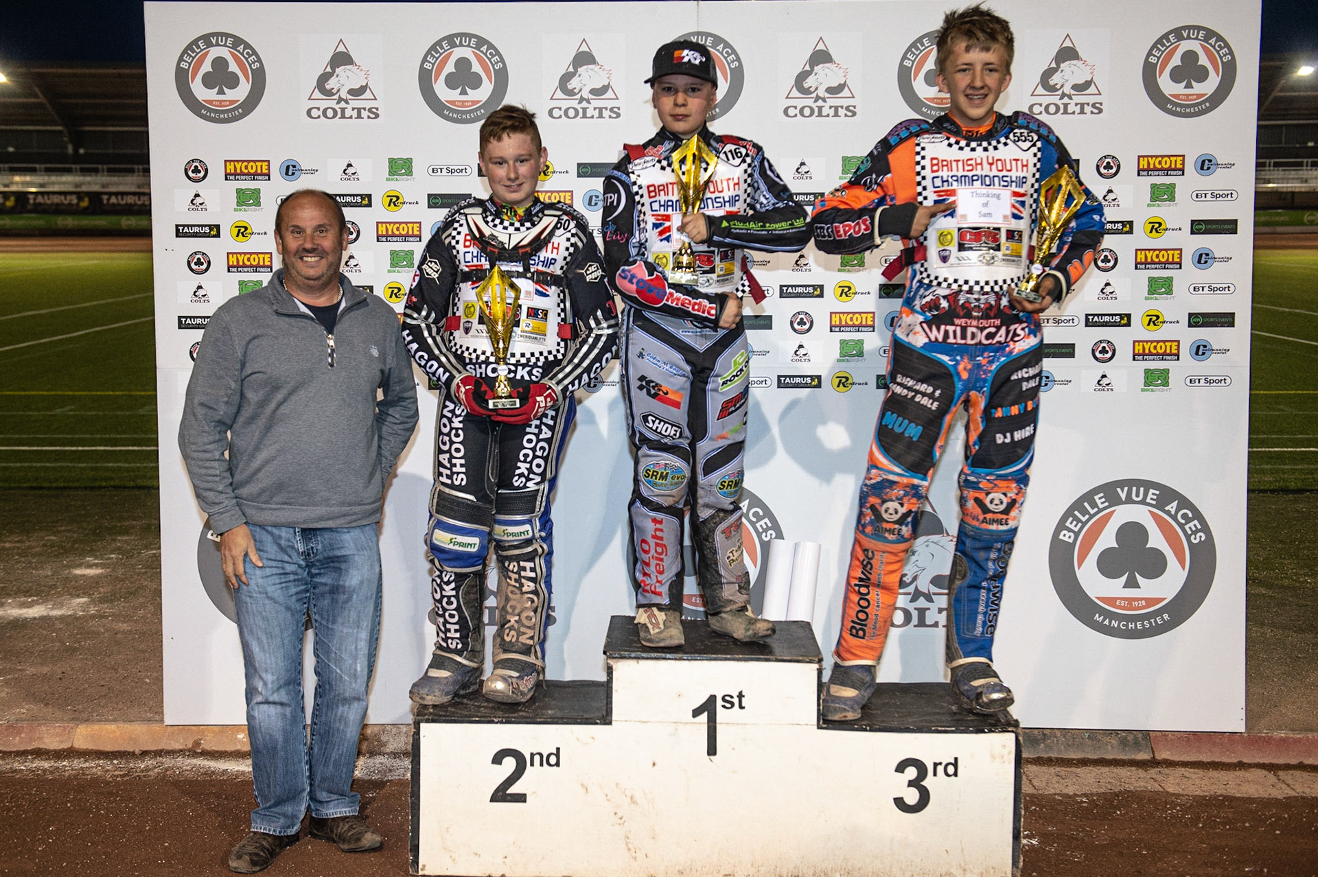 Photo: Ian Charles

Top 3 in the 250cc class (l-r) Richard Cotton (Rentruck), Sam Hagon (2nd), Sam McGurk (1st), Sam Peters (3rd)
Summer Speed Saturday & British Youth Speedway Championship Round 5, National Speedway Stadium, Manchester, Saturday 22 June 2019