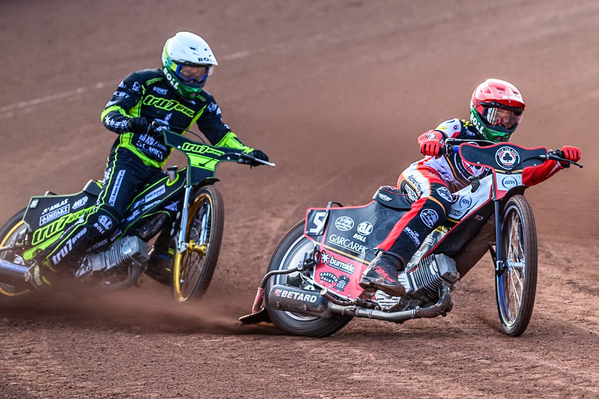 Belle Vue Aces' Brady Kurtz  in Red leading Ipswich Witches' Jason Doyle  in White during the Rowe Motor Oil Premiership match between Belle Vue Aces and Ipswich Witches at the National Speedway Stadium, Manchester on Monday 30th June 2025. (Photo: Ian Charles | MI News)